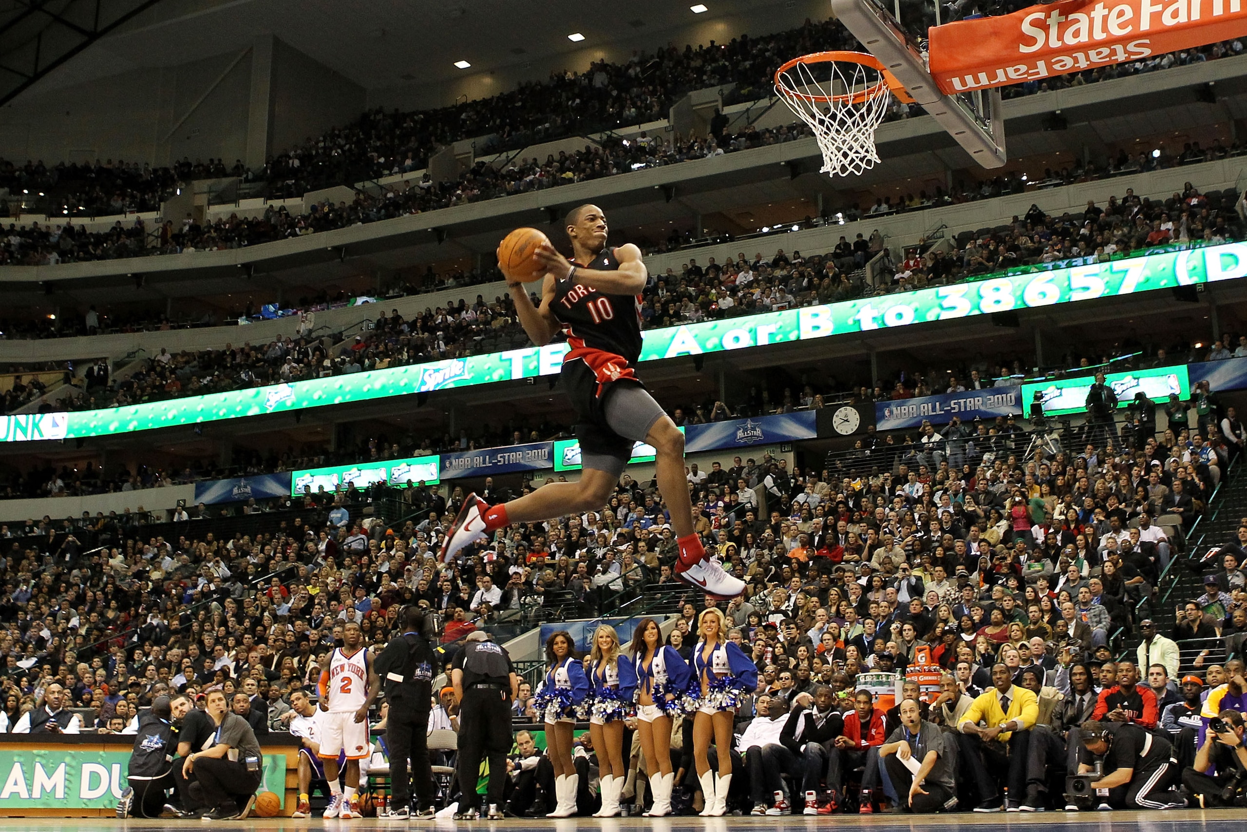 DALLAS - FEBRUARY 13:  DeMar DeRozan #10 of the Toronto Raptors goes up for a dunk during the Sprite Slam Dunk Contest on All-Star Saturday Night, part of 2010 NBA All-Star Weekend at American Airlines Center on February 13, 2010 in Dallas, Texas. NOTE TO