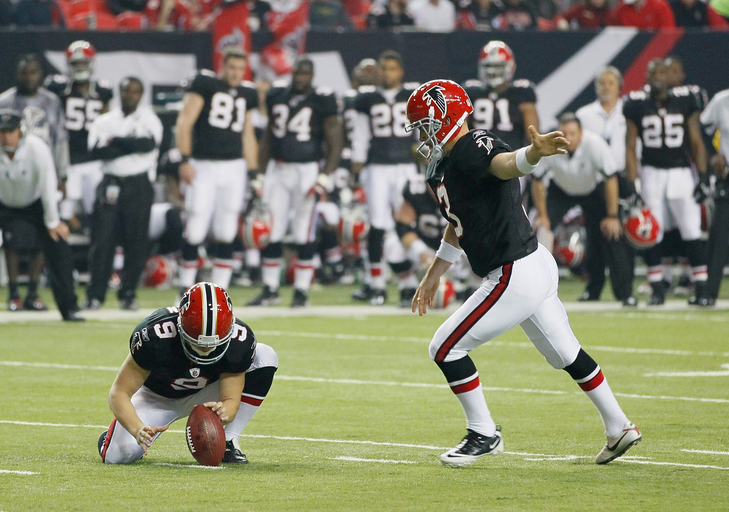 ATLANTA - NOVEMBER 11:  Michael Koenen #9 and Matt Bryant #3 of the Atlanta Falcons against the Baltimore Ravens at Georgia Dome on November 11, 2010 in Atlanta, Georgia.  (Photo by Kevin C. Cox/Getty Images)