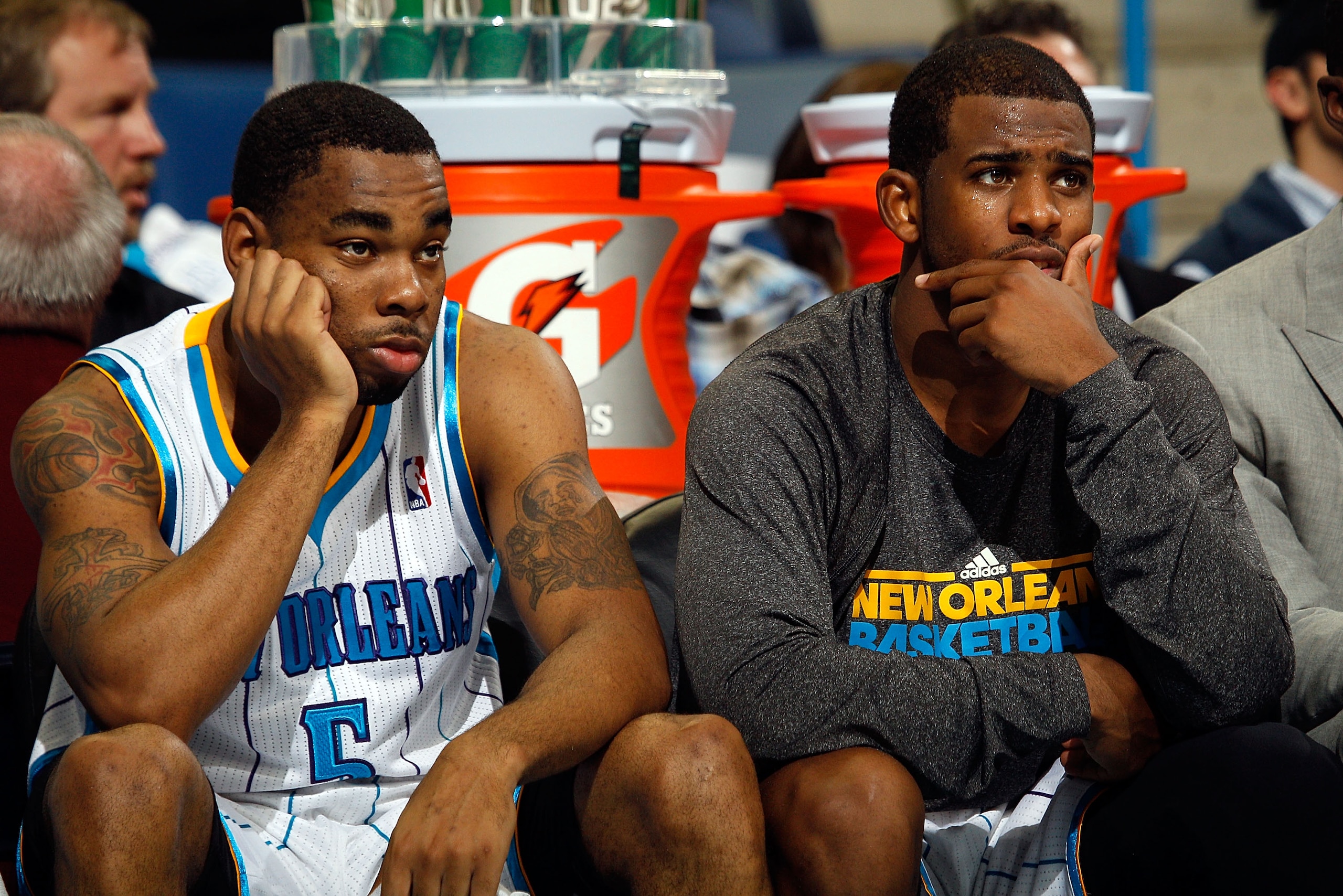 NEW ORLEANS, LA - DECEMBER 29:  Chris Paul #3 and Marcus Thornton #5 of the New Orleans Hornets react after losing to the Los Angeles Lakers 103-88 at the New Orleans Arena on December 29, 2010 in New Orleans, Louisiana.   NOTE TO USER: User expressly ack