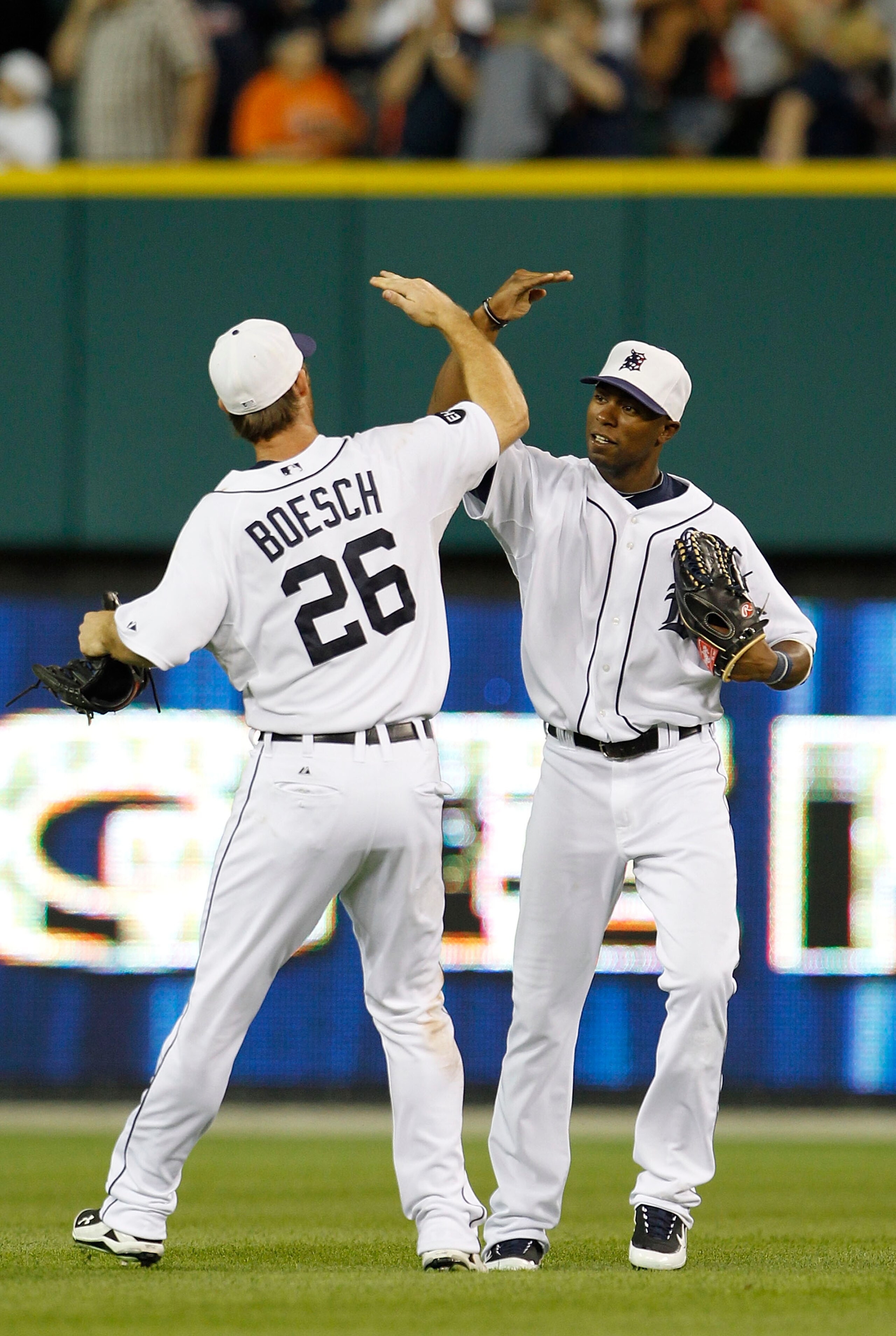 DETROIT - JULY 02: Brennan Boesch #26 and Austin Jackson #14 of the Detroit Tigers celebrate a 7-1 win over the Seattle Marines on July 2, 2010 at Comerica Park in Detroit, Michigan. (Photo by Leon Halip/Getty Images) DETROIT - JULY 02: Brennan Boesch #26 and Austin Jackson #14 of the Detroit Tigers celebrate a 7-1 win over the Seattle Marines on July 2, 2010 at Comerica Park in Detroit, Michigan. (Photo by Leon Halip/Getty Images)