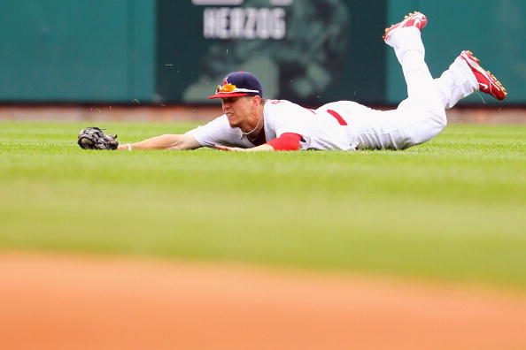 ST. LOUIS - SEPTEMBER 19: Colby Rasmus #28 of the St. Louis Cardinals attempts to catch a line drive against the San Diego Padres at Busch Stadium on September 19, 2010 in St. Louis, Missouri.  The Cardinals beat the Padres 4-1.  (Photo by Dilip Vishwanat