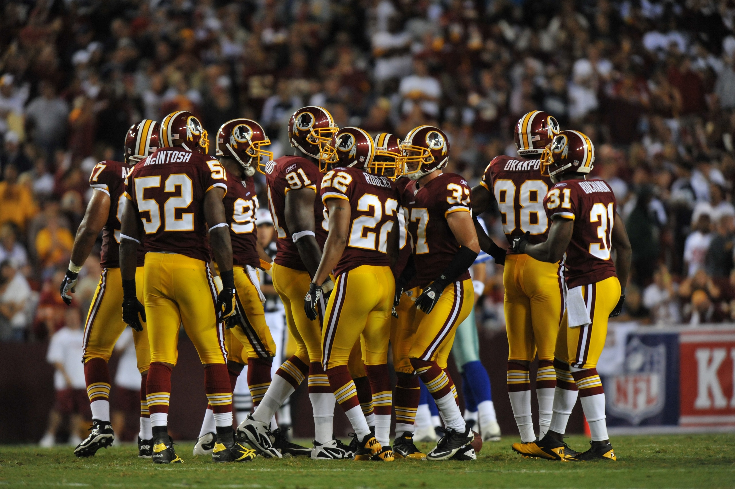 LANDOVER - SEPTEMBER 12:  The Washington Redskins defense huddles during the NFL season opener against the Dallas Cowboys at FedExField on September 12, 2010 in Landover, Maryland. The Redskins defeated the Cowboys 13-7. (Photo by Larry French/Getty Image