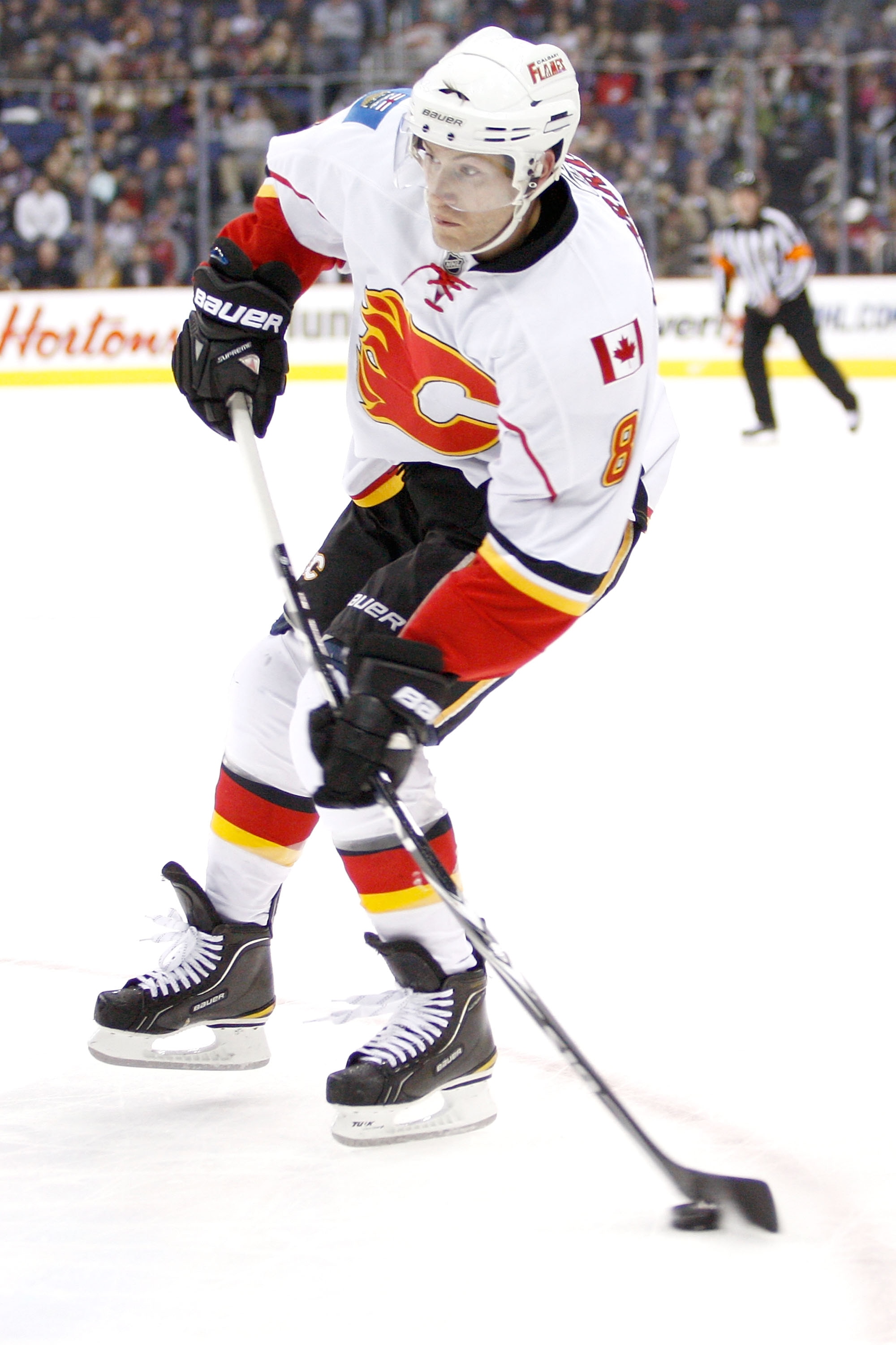 COLUMBUS, OH - DECEMBER 21:  Brendan Morrison #8 of the Calgary Flames shoots the puck against the Columbus Blue Jackets on December 21, 2010 at Nationwide Arena in Columbus, Ohio.  (Photo by John Grieshop/Getty Images)