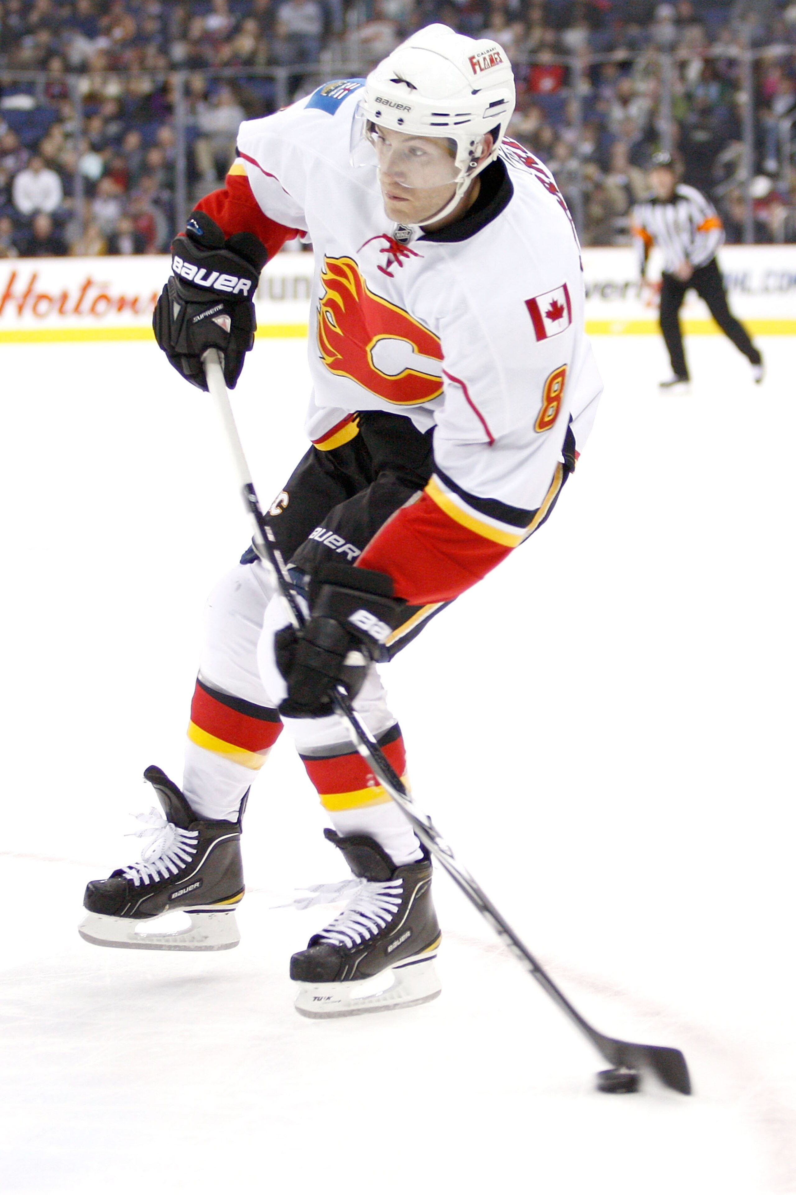 COLUMBUS, OH - DECEMBER 21:  Brendan Morrison #8 of the Calgary Flames shoots the puck against the Columbus Blue Jackets on December 21, 2010 at Nationwide Arena in Columbus, Ohio.  (Photo by John Grieshop/Getty Images)