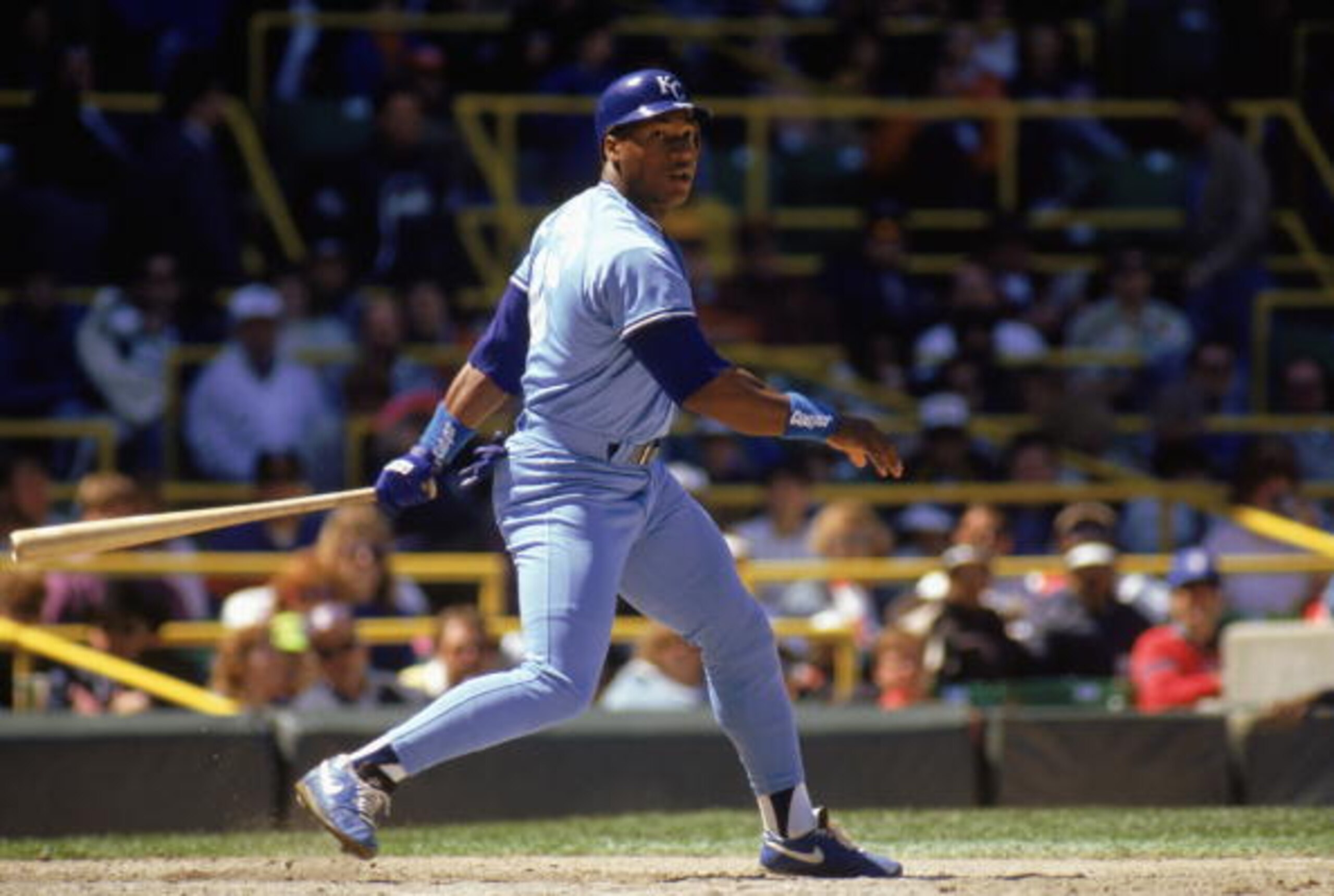 1990:  Bo Jackson of the Kansas City Royals swings at the pitch during a MLB game in the 1990 season. ( Photo by: Jonathan Daniel/Getty Images)