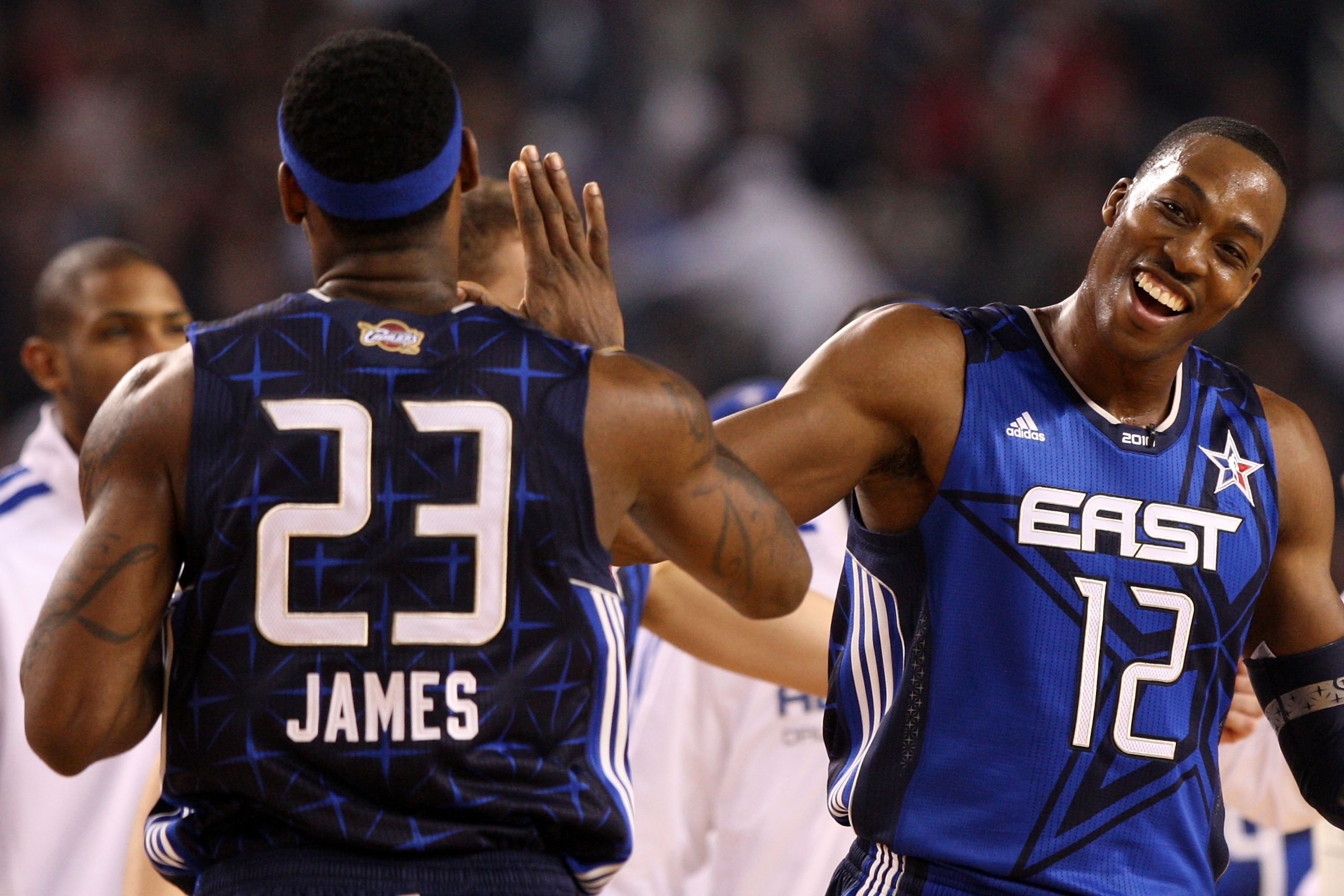 ARLINGTON, TX - FEBRUARY 14:  Dwight Howard #12 and LeBron James #23 of the Eastern Conference celebrate their 141-139 vicotry over the Western Conference during the NBA All-Star Game, part of 2010 NBA All-Star Weekend at Cowboys Stadium on February 14, 2