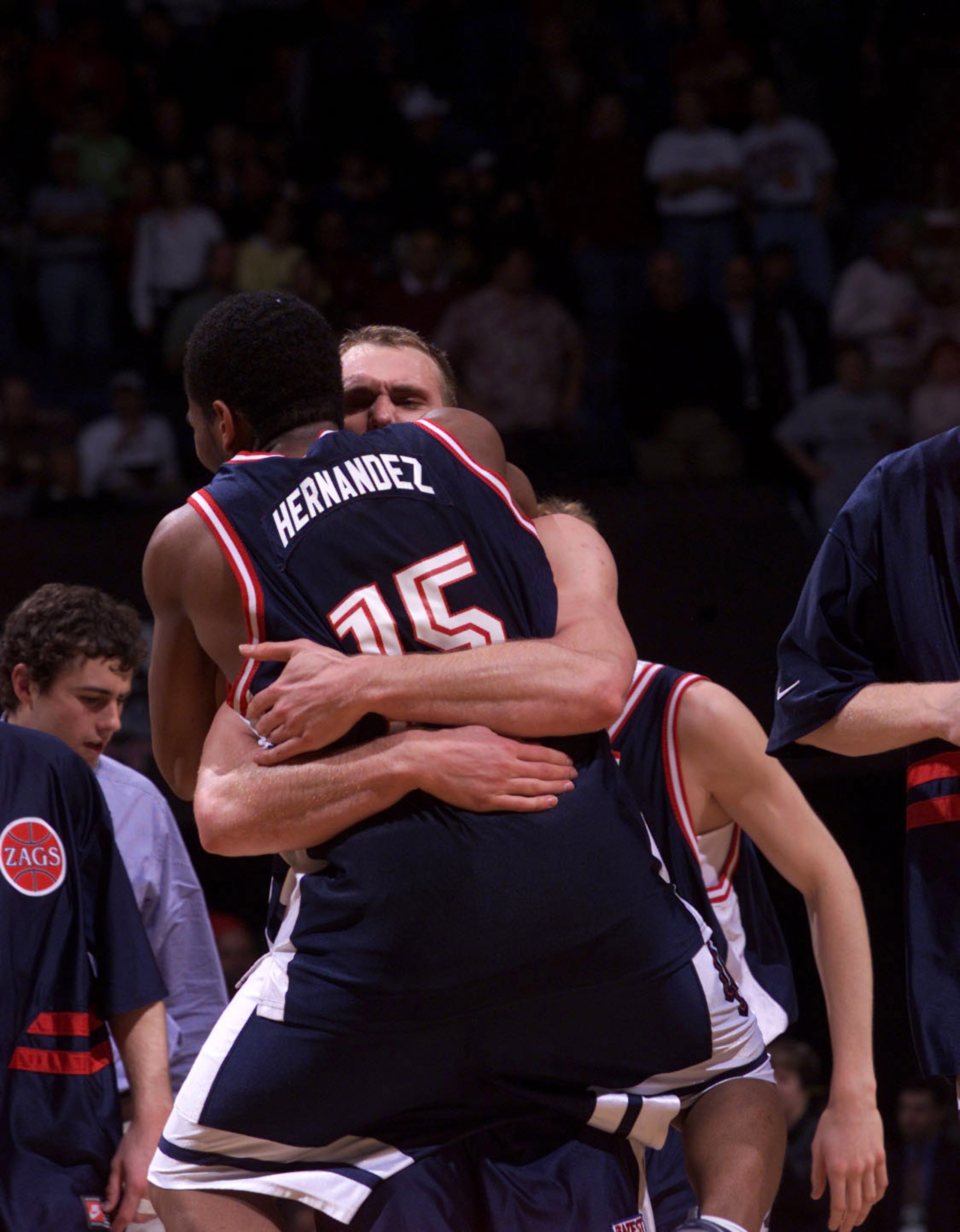 16 Mar 2001: Casey Calvary #31 of the Gonzaga Bulldogs hugs Alex Hernadez #15 after their game against the Virgina Cavaliers during the first round of the NCAA Tournament at the Pyramid in Memphis, Tennessee. DIGITAL IMAGE Mandatory Credit: Tom Hauck/ALLS