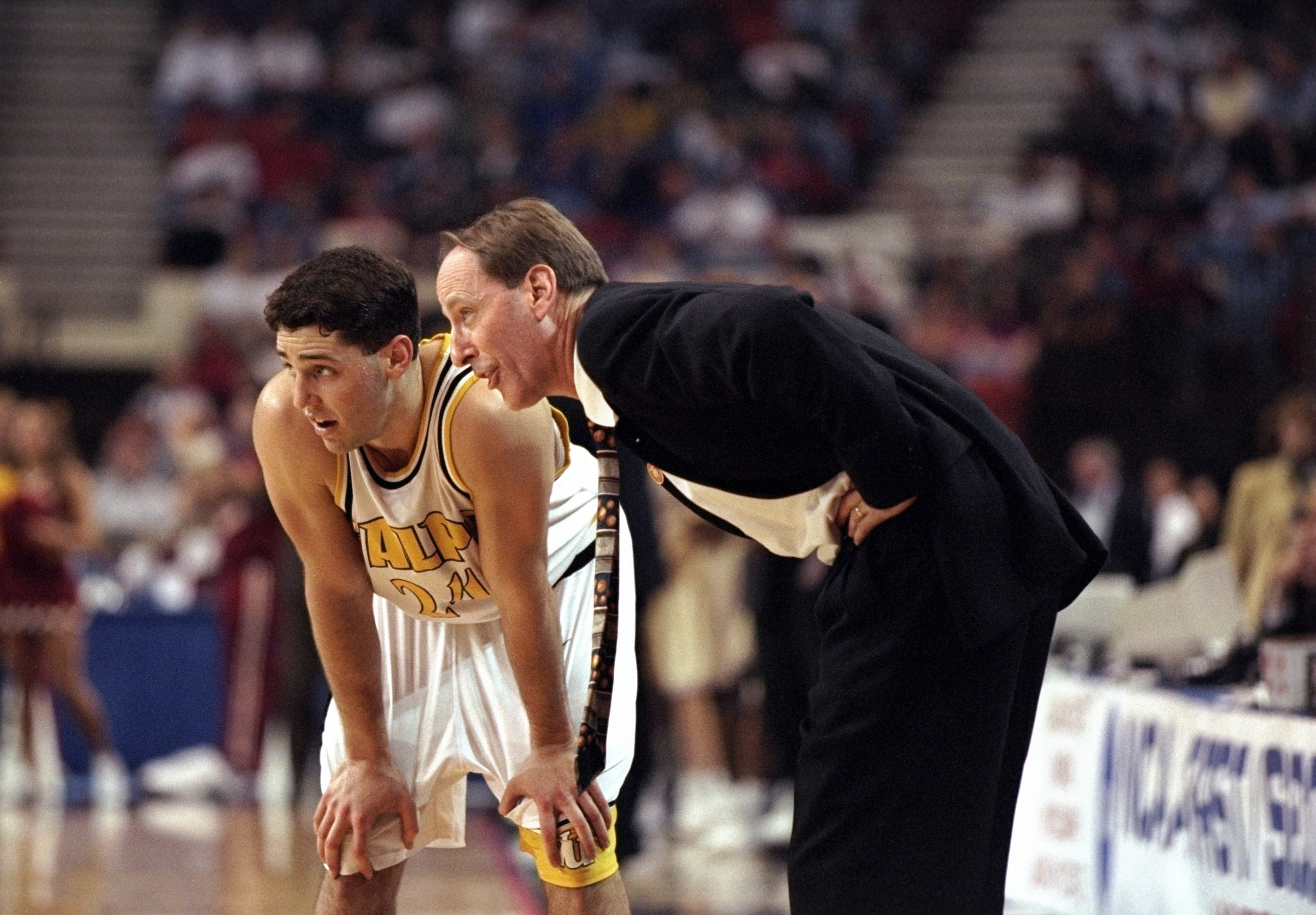 15 Mar 1998:  Guard Bryce Drew of the Valparaiso Crusaders talks to his father and coach Homer Drew during a game against the Florida State Seminoles in the second round of the NCAA Tournament at the Myriad in Oklahoma City, Oklahoma.  Florida State defea
