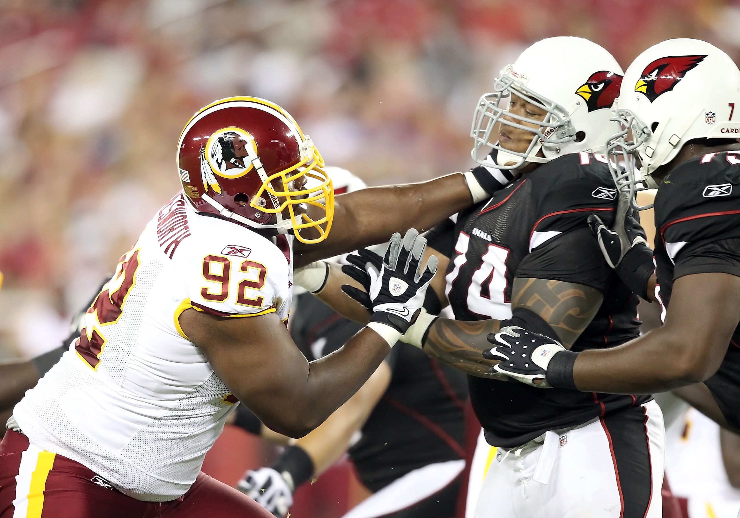 GLENDALE, AZ - SEPTEMBER 02:  Defensive tackle Albert Haynesworth #92 of the Washington Redskins in action during preseason NFL game against the Arizona Cardinals at the University of Phoenix Stadium on September 2, 2010 in Glendale, Arizona.  The Cardina