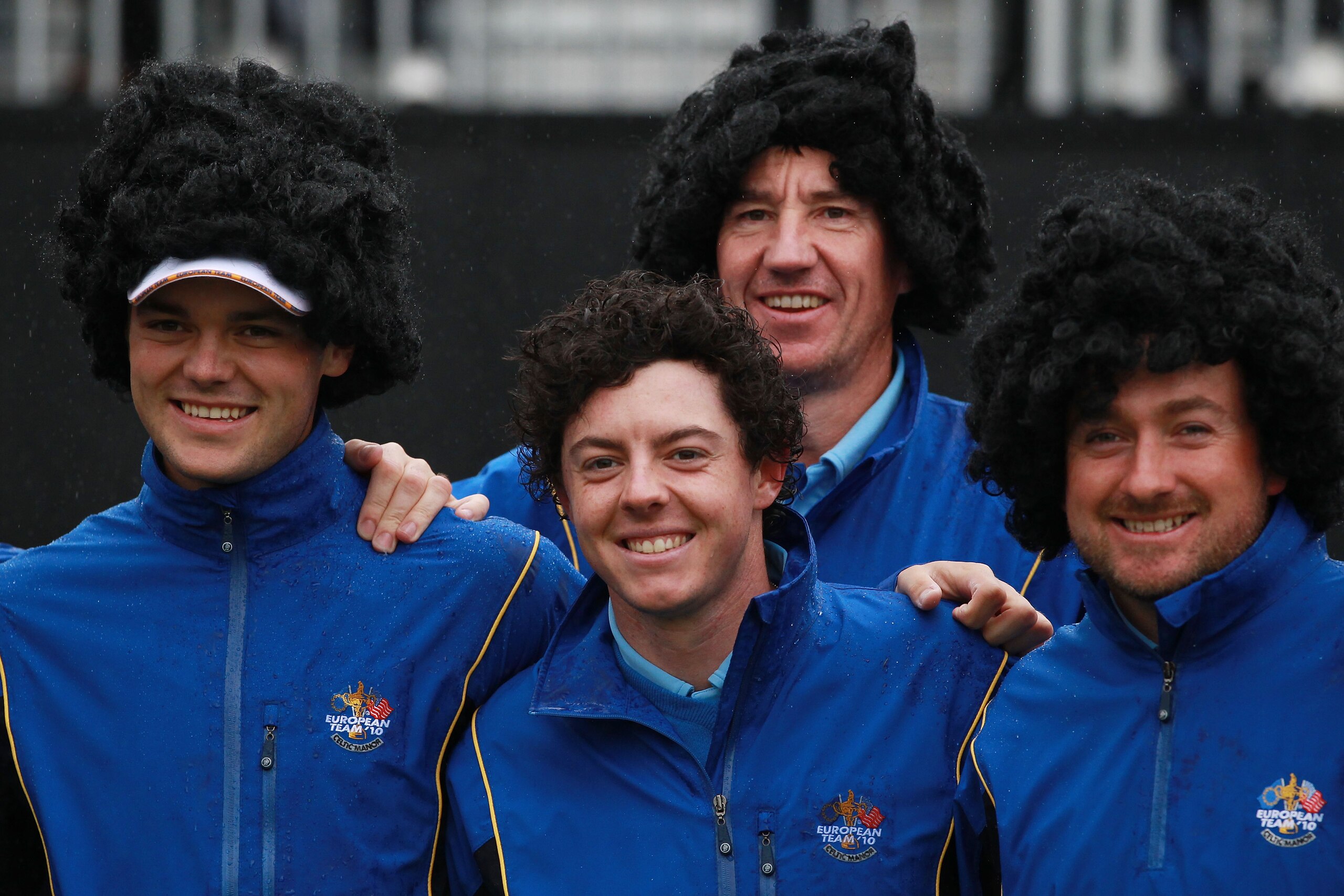 NEWPORT, WALES - SEPTEMBER 29: (L-R) Martin Kaymer, Rory McIlroy, Caddie John McLaren and Graeme McDowell of Europe pose with wigs during a practice round prior to the 2010 Ryder Cup at the Celtic Manor Resort on September 29, 2010 in Newport, Wales. (P NEWPORT, WALES - SEPTEMBER 29: (L-R) Martin Kaymer, Rory McIlroy, Caddie John McLaren and Graeme McDowell of Europe pose with wigs during a practice round prior to the 2010 Ryder Cup at the Celtic Manor Resort on September 29, 2010 in Newport, Wales. (P