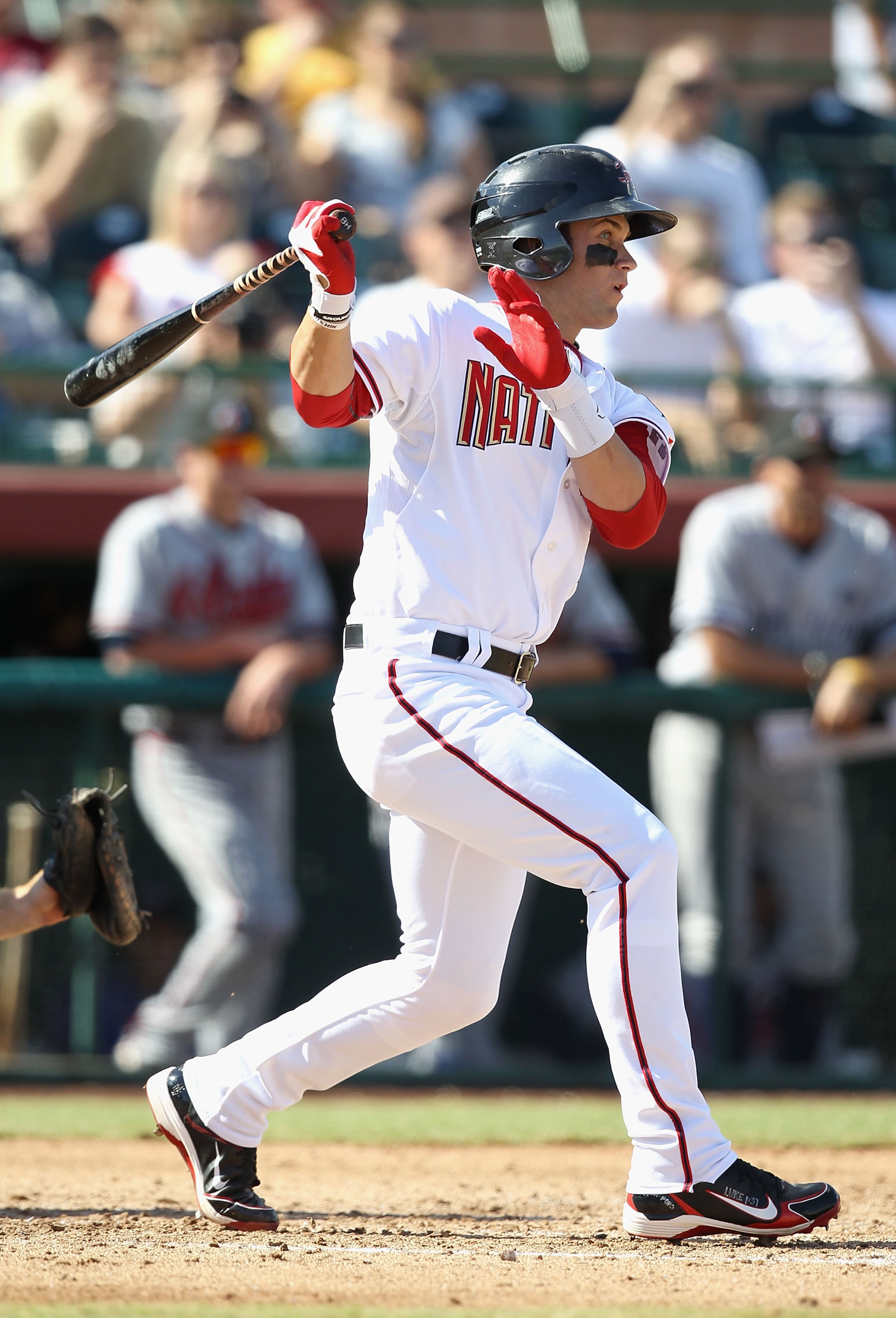SCOTTSDALE, AZ - OCTOBER 23:  Washington Nationals prospect Bryce Harper #34 playing for the Scottsdale Scorpions hits a single against the Phoenix Desert Dogs during the AZ Fall League game at Scottsdale Stadium on October 23, 2010 in Scottsdale, Arizona