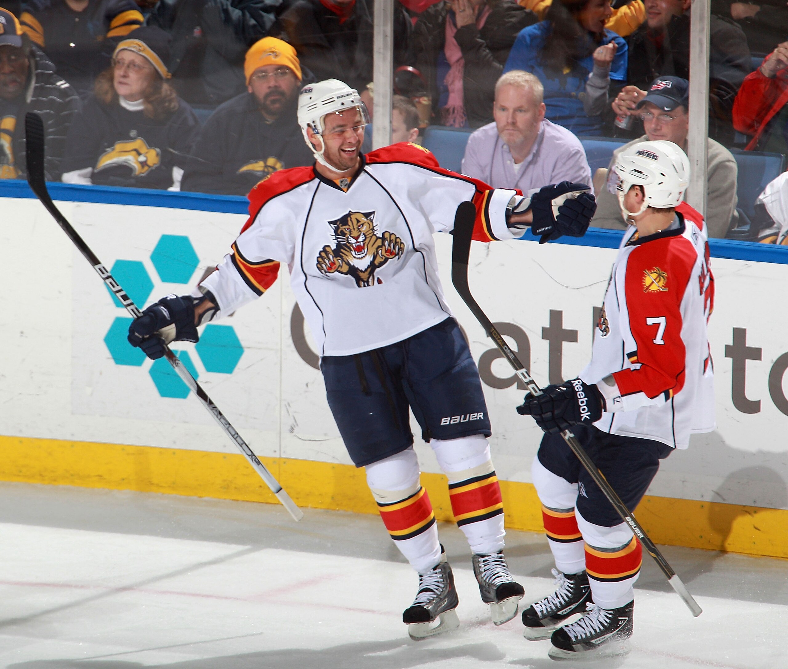 BUFFALO, NY - DECEMBER 23: Chris Higgins #21 and Dmitry Kulikov #7 of the Florida Panthers celebrate Higgins goal in the first period against the Buffalo Sabres at HSBC Arena on December 23, 2010 in Buffalo, New York.  (Photo by Rick Stewart/Getty Images)