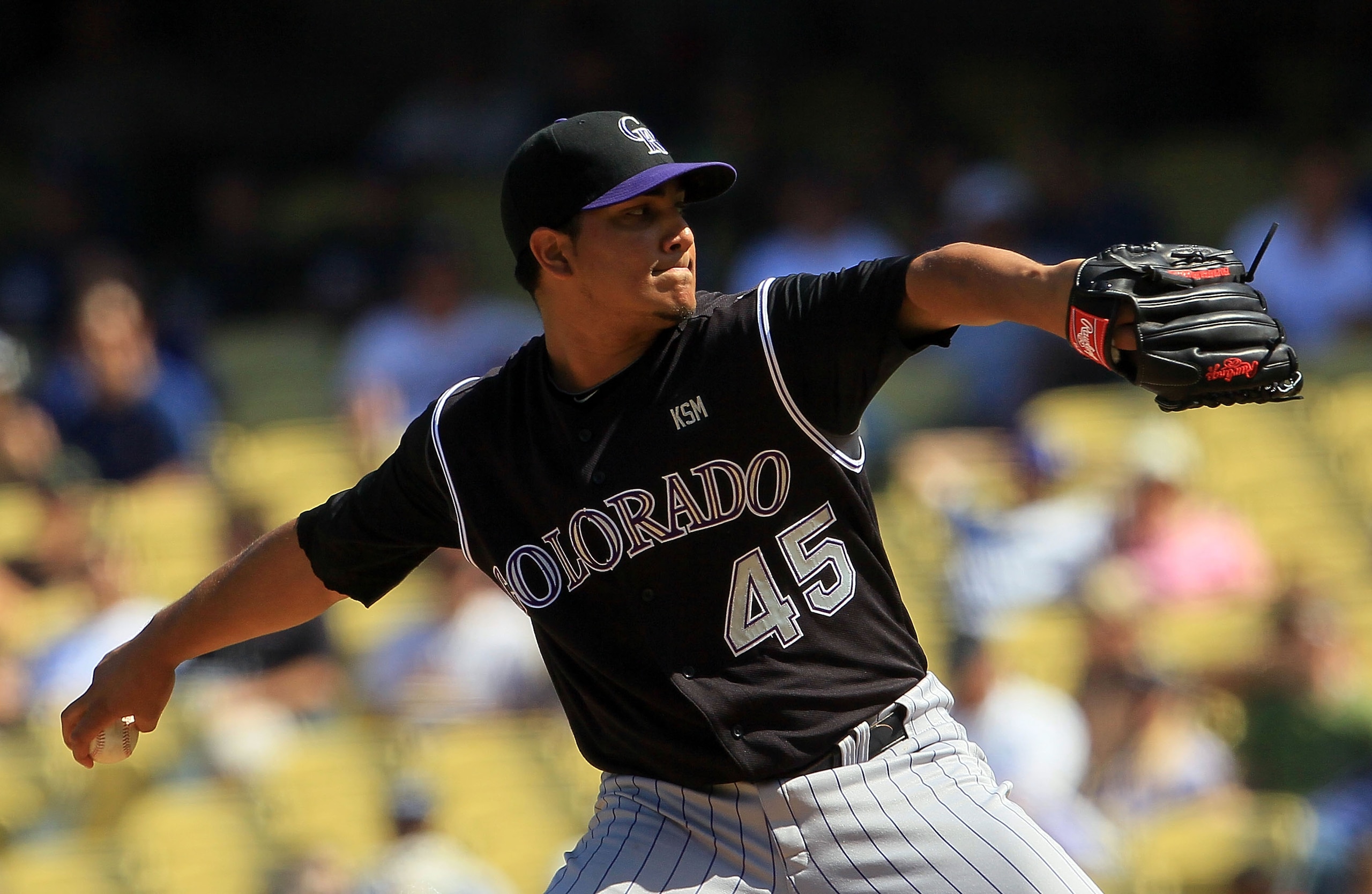 LOS ANGELES, CA - SEPTEMBER 18: Jhoulys Chacin #45 of the Colorado Rockies pitches against the Los Angeles Dodgers in the game at Dodger Stadium on September 18, 2010 in Los Angeles, California. (Photo by Jeff Gross/Getty Images) LOS ANGELES, CA - SEPTEMBER 18: Jhoulys Chacin #45 of the Colorado Rockies pitches against the Los Angeles Dodgers in the game at Dodger Stadium on September 18, 2010 in Los Angeles, California. (Photo by Jeff Gross/Getty Images)