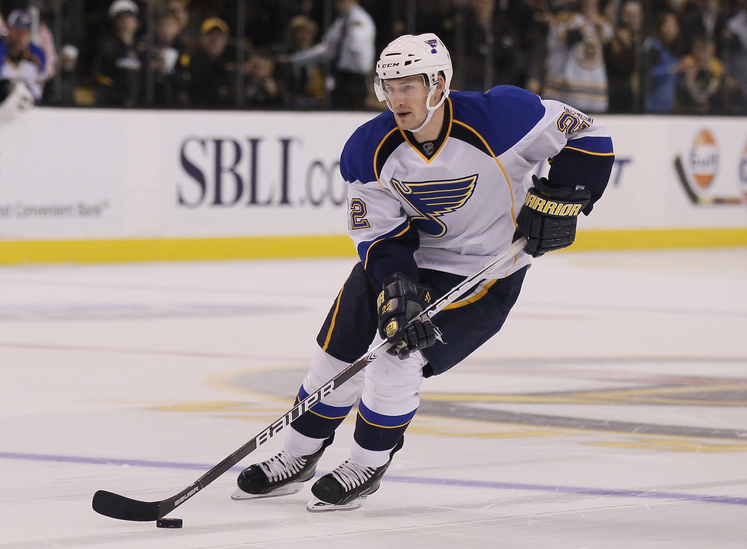 BOSTON - NOVEMBER 06:  Brad Boyes #22 of the St. Louis Blues skates towards the net during the overtime shootout against the Boston Bruins on November 6, 2010 at the TD Garden in Boston, Massachusetts. Boyes scored the game winner and the Blues defeated t