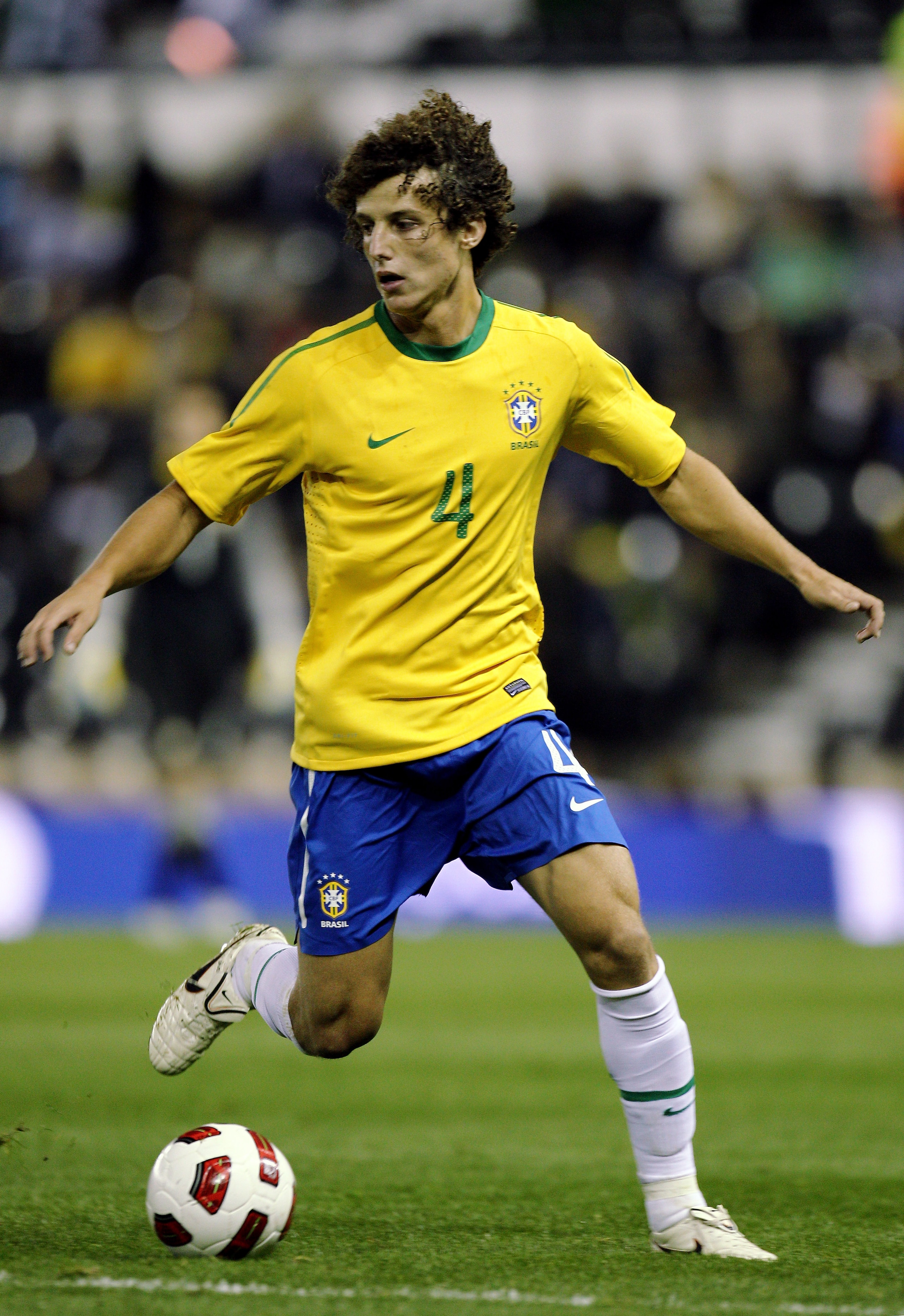 DERBY, ENGLAND - OCTOBER 11:  David Luiz of Brazil in action during the International Friendly match between Brazil and Ukraine at Pride Park Stadium on October 11, 2010 in Derby, England.  (Photo by Dean Mouhtaropoulos/Getty Images)