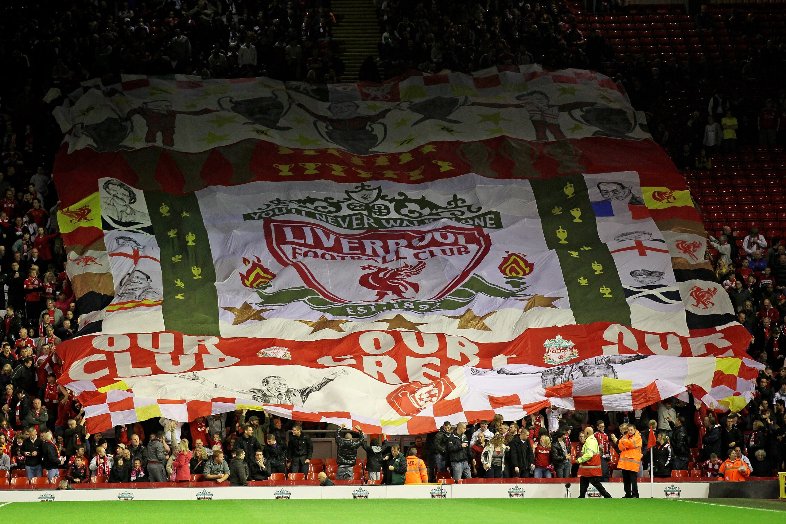 LIVERPOOL, ENGLAND - SEPTEMBER 16 :  Liverpool fans show their support with a giant banner during the UEFA Europa League Group K match beteween Liverpool and Steaua Bucharest at Anfield on September 16, 2010 in Liverpool, England.  (Photo by Alex Livesey/