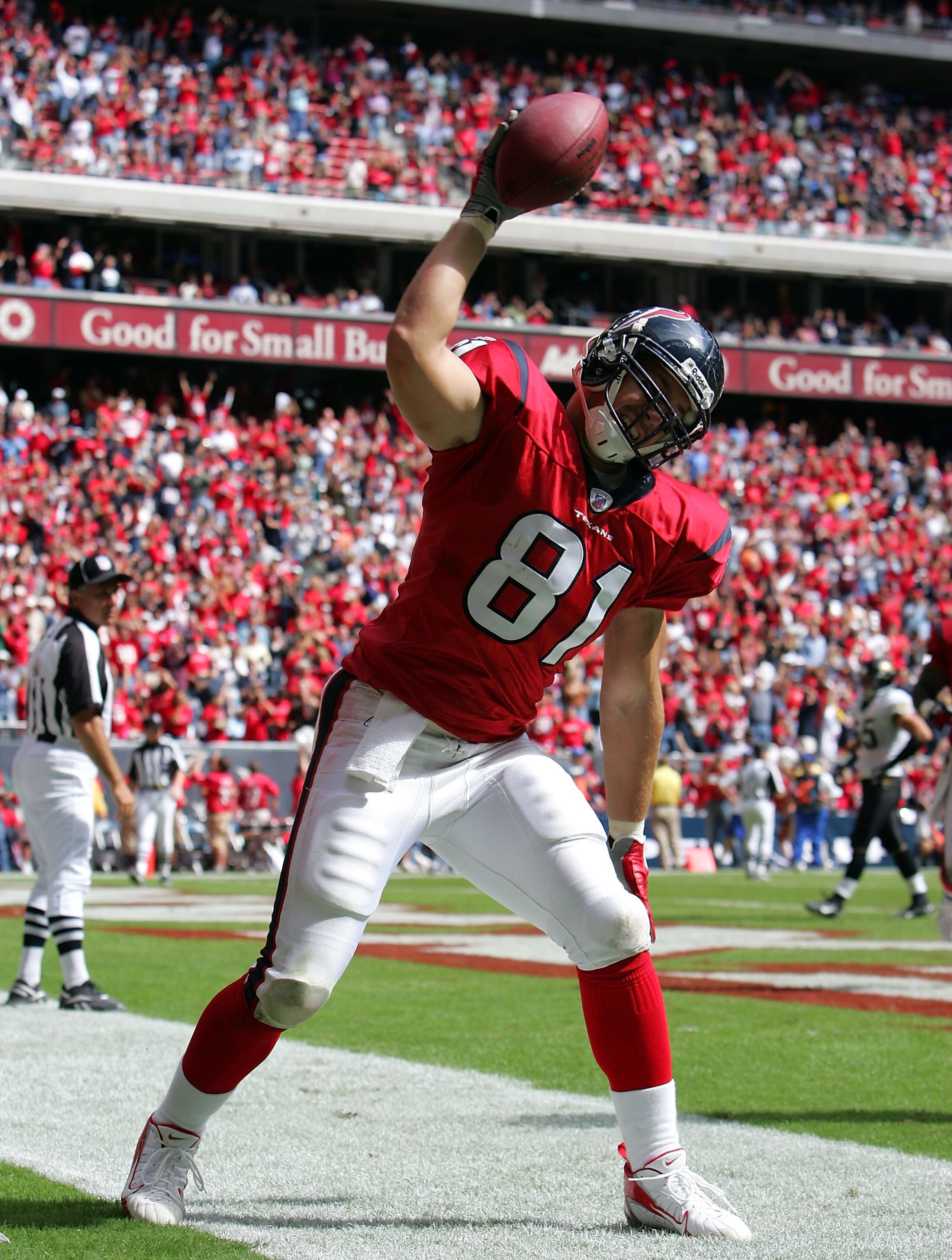HOUSTON - OCTOBER 22:  Tight end Owen Daniels #81 of the Houston Texans spikes the ball after scoring a touchdown against the Jacksonville Jaguars on October 22, 2006 at Reliant Stadium in Houston, Texas. The Texans defeated the Jaguars 27-7.  (Photo by R