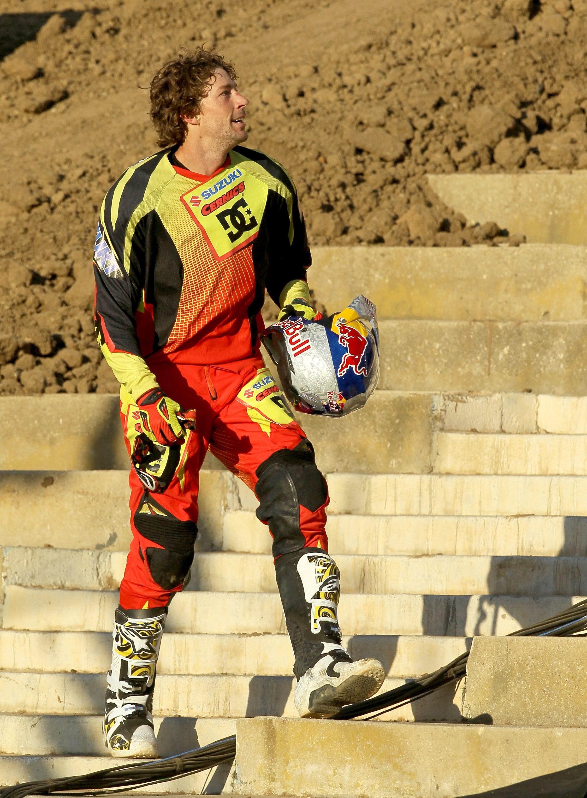 LOS ANGELES, CA - JULY 29:  Travis Pastrana #199 celebrates his victory in the Moto X Freestyle Final at the Los Angeles Coliseum during X Games 16 on July 29, 2010 in Los Angeles, California.  (Photo by Stephen Dunn/Getty Images)