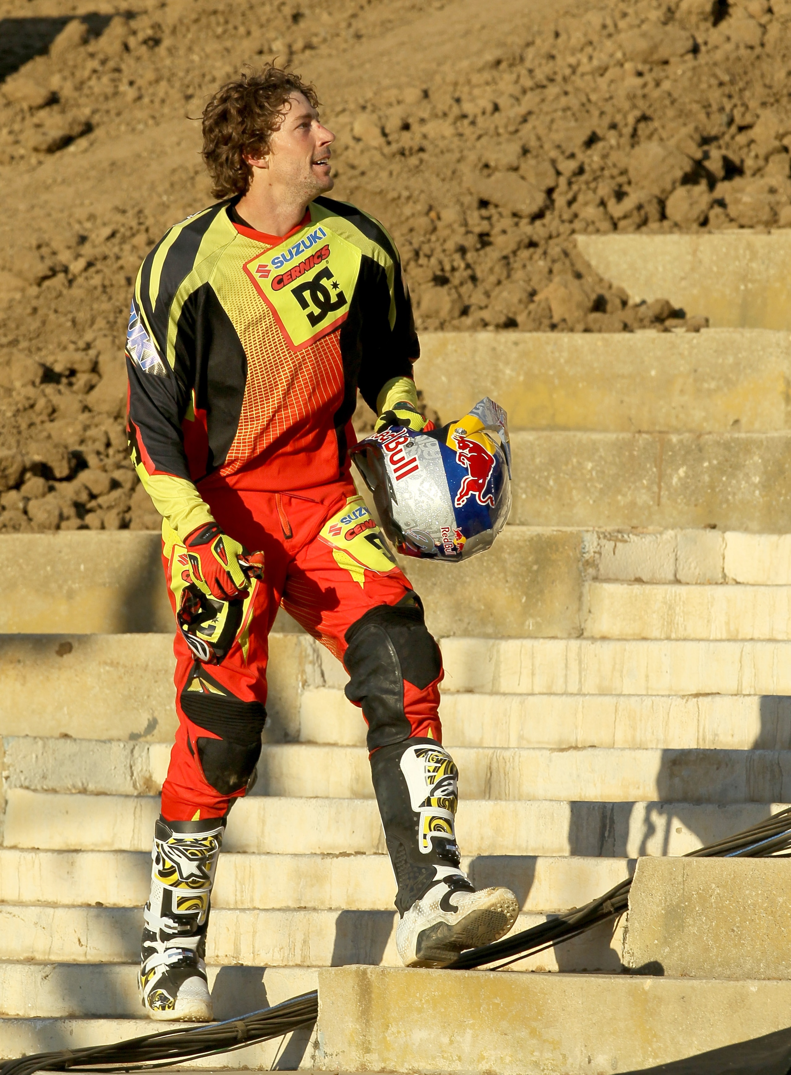 LOS ANGELES, CA - JULY 29:  Travis Pastrana #199 celebrates his victory in the Moto X Freestyle Final at the Los Angeles Coliseum during X Games 16 on July 29, 2010 in Los Angeles, California.  (Photo by Stephen Dunn/Getty Images)