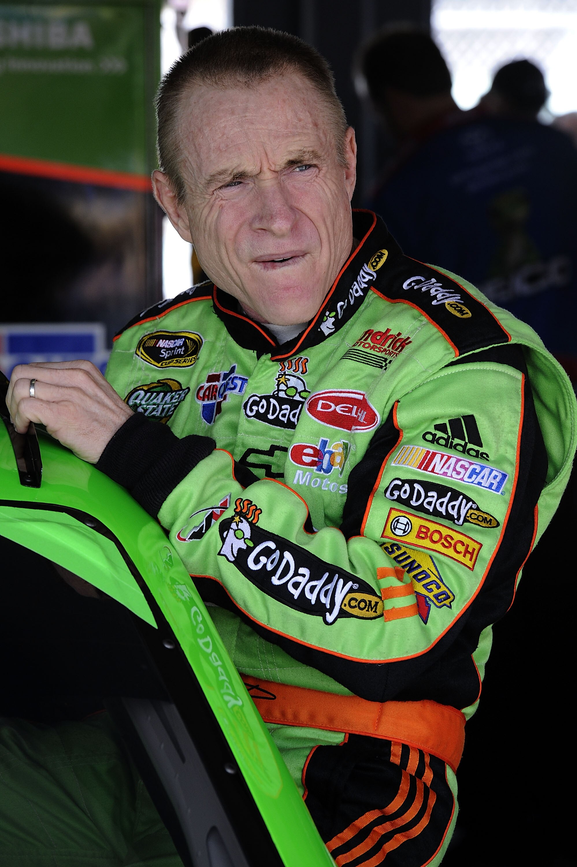HOMESTEAD, FL - NOVEMBER 20:  Mark Martin, driver of the #5 GoDaddy.com Chevrolet, prepares to drive during practice for the NASCAR Sprint Cup Series Ford 400 at Homestead-Miami Speedway on November 20, 2010 in Homestead, Florida.  (Photo by John Harrelso