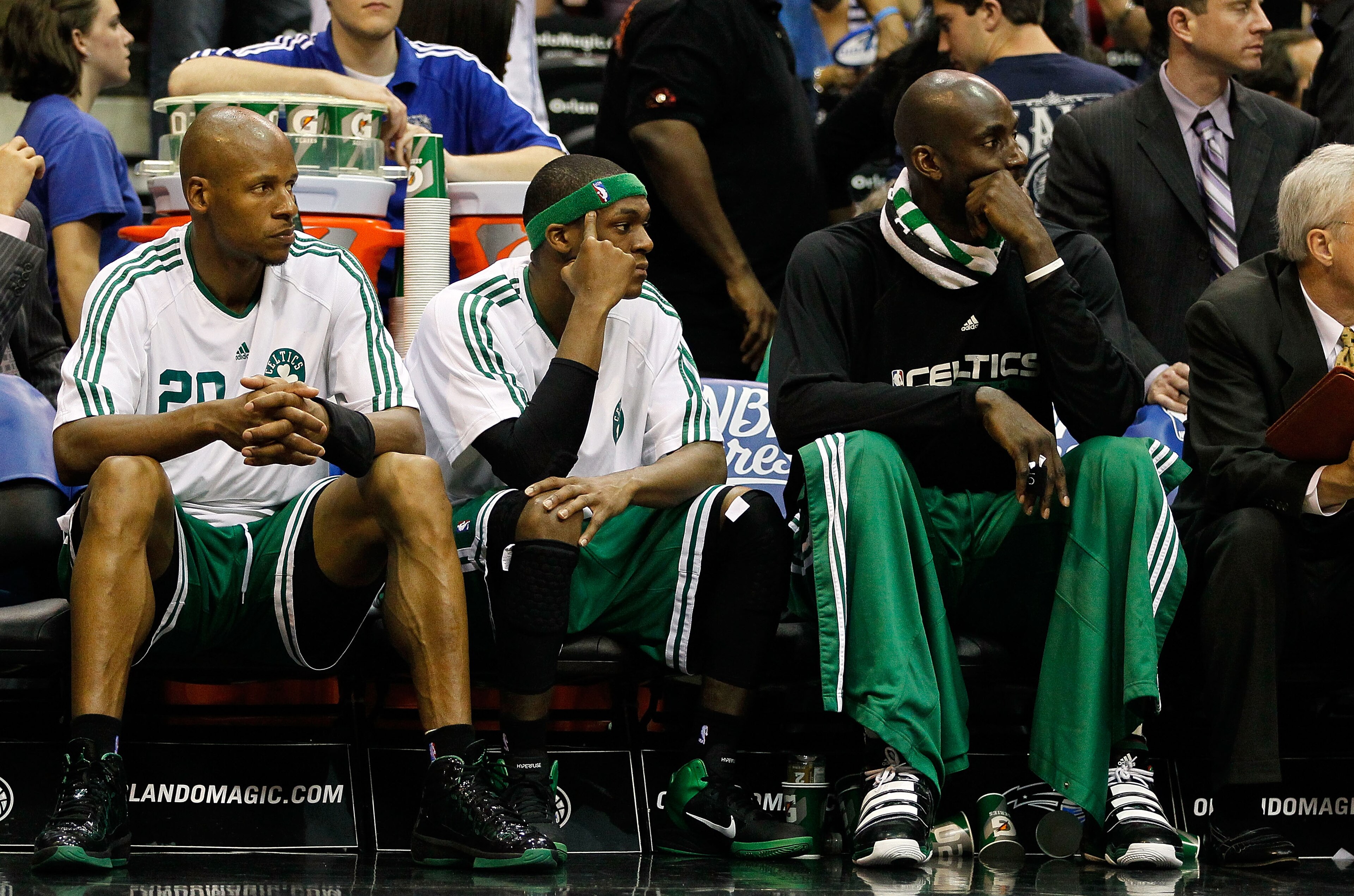 ORLANDO, FL - MAY 26: (L-R) Ray Allen #20, Rajon Rondo #9 and Keivn Garnett #5 of the Boston Celtics look on dejected from the bench in the final minutes of their 113-92 loss to the Orlando Magic in Game Five of the Eastern Conference Finals during the 2 ORLANDO, FL - MAY 26: (L-R) Ray Allen #20, Rajon Rondo #9 and Keivn Garnett #5 of the Boston Celtics look on dejected from the bench in the final minutes of their 113-92 loss to the Orlando Magic in Game Five of the Eastern Conference Finals during the 2