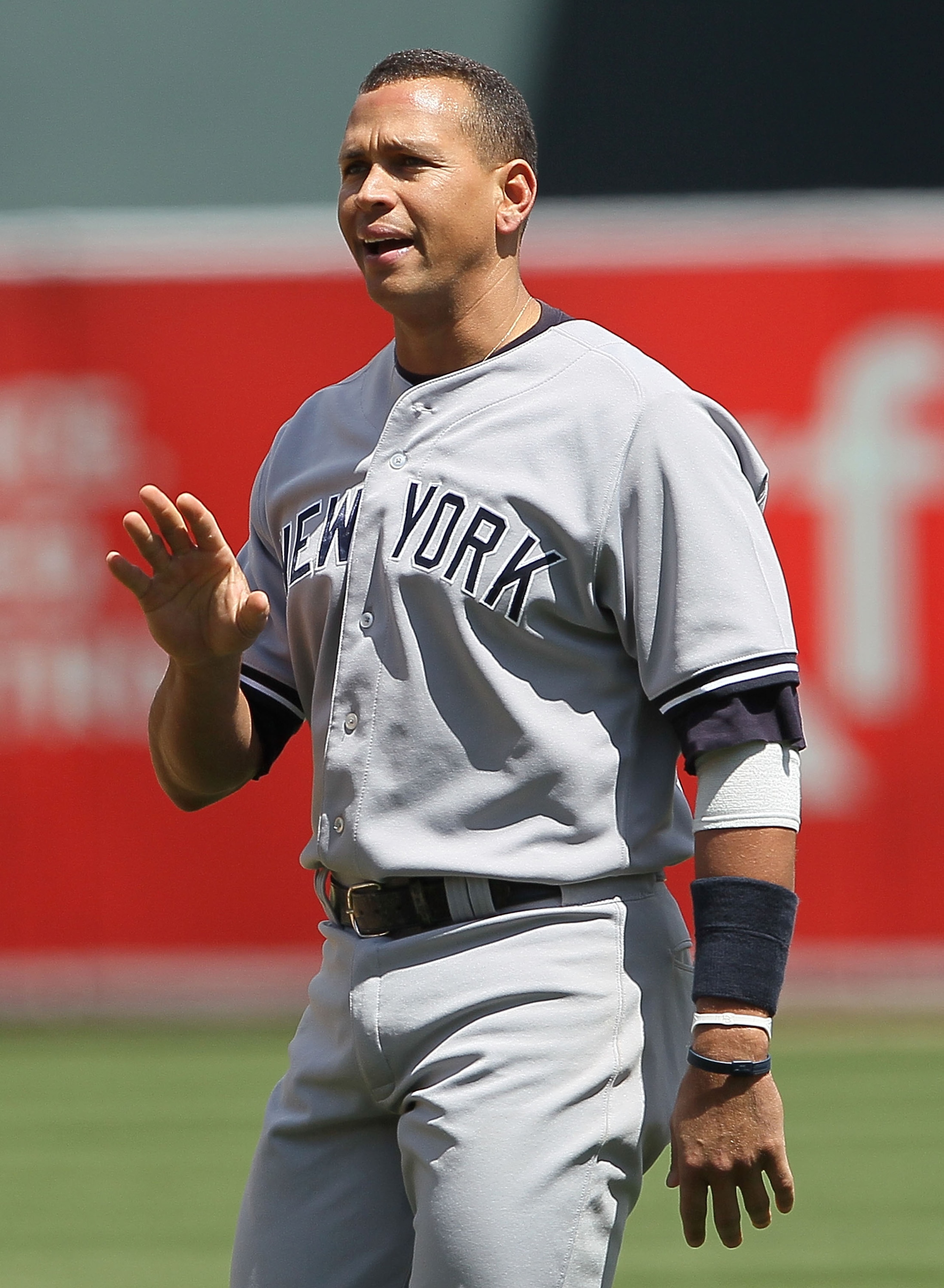 OAKLAND, CA - APRIL 22:  Alex Rodriguez #13 of the New York Yankees gestures towards the Oakland Athletics dugout during a verbal altercation with pitcher Dallas Braden #51 of the Oakland Athletics in the sixth inning at the Oakland-Alameda County Coliseu