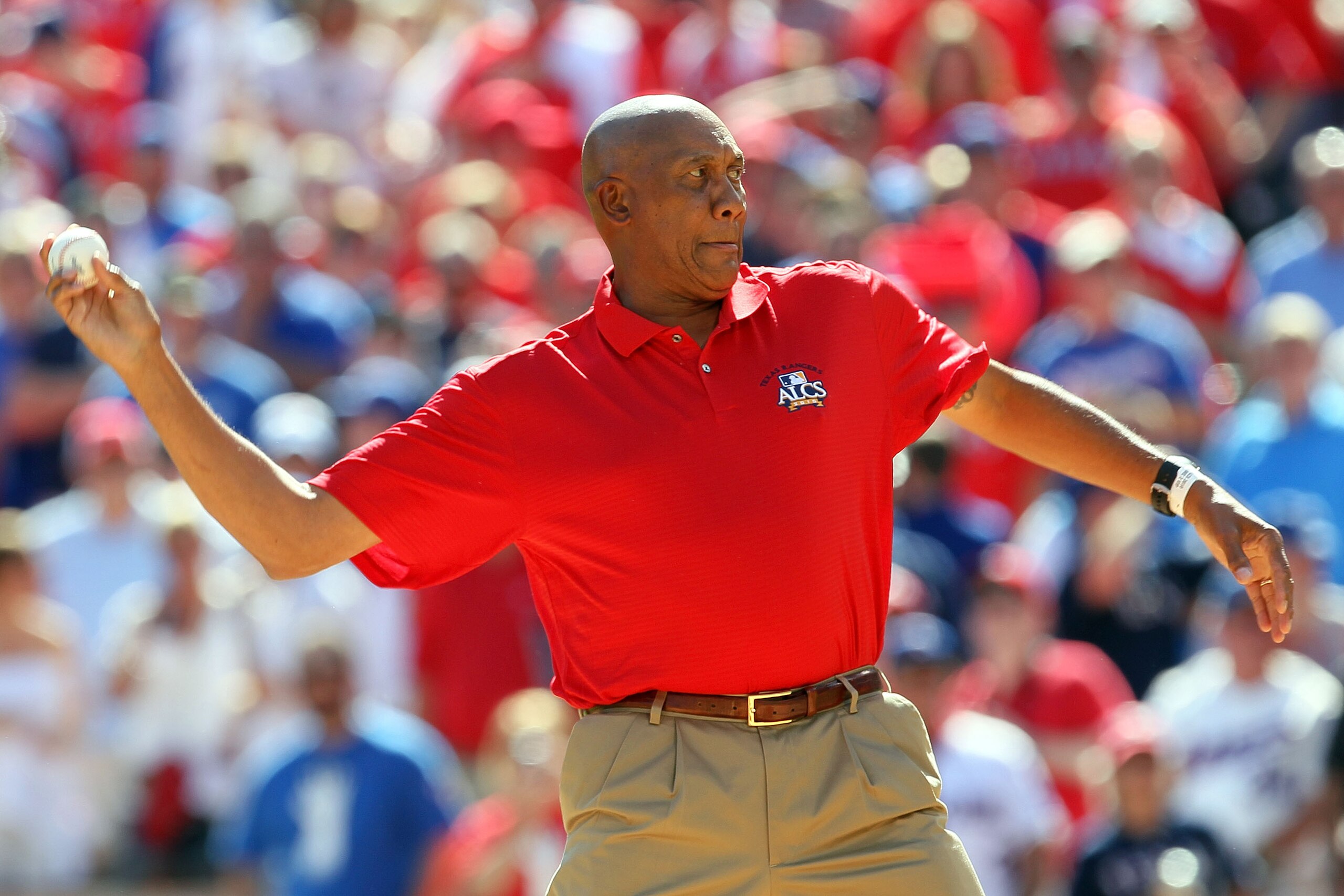 ARLINGTON, TX - OCTOBER 16:  Hall of Famer and former Texas Rangers pitcher Ferguson Jenkins throws out the ceremonial first pitch against the New York Yankees against the Texas Rangers in Game Two of the ALCS during the 2010 MLB Playoffs at Rangers Ballp