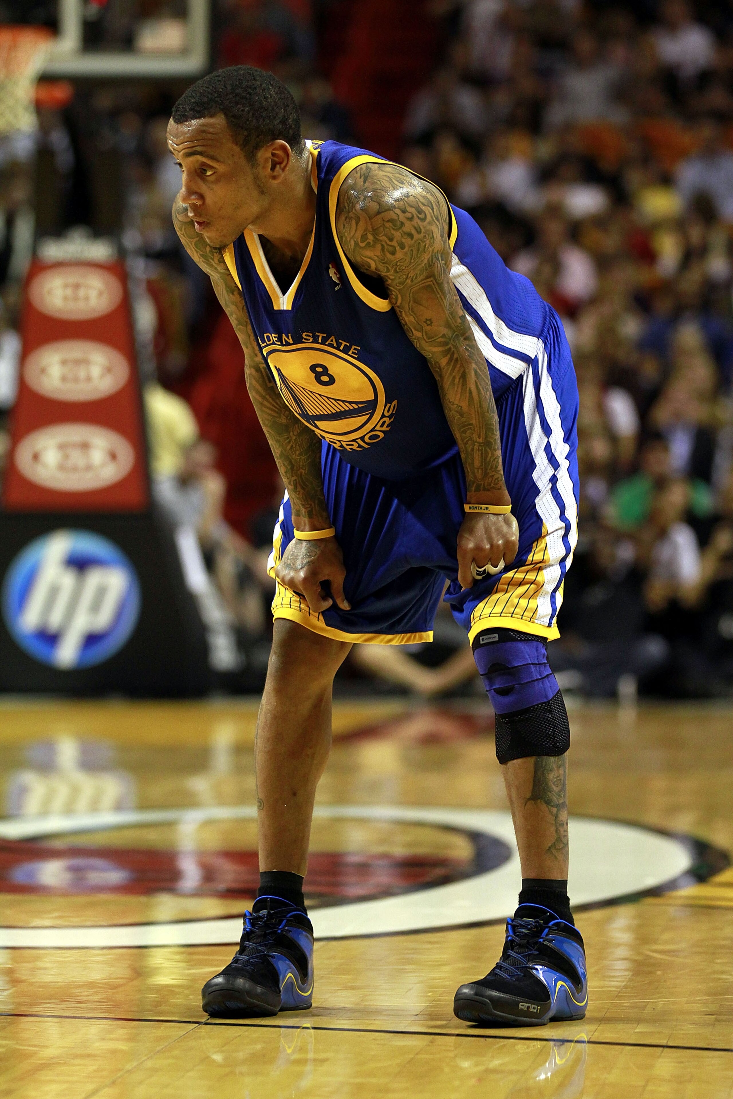 MIAMI - JANUARY 01:  Monta Ellis # 8 of the Golden State Warriors looks on during a game against the Miami Heat at American Airlines Arena on January 1, 2011 in Miami, Florida.  The Heat won 114-107. NOTE TO USER: User expressly acknowledges and agrees th