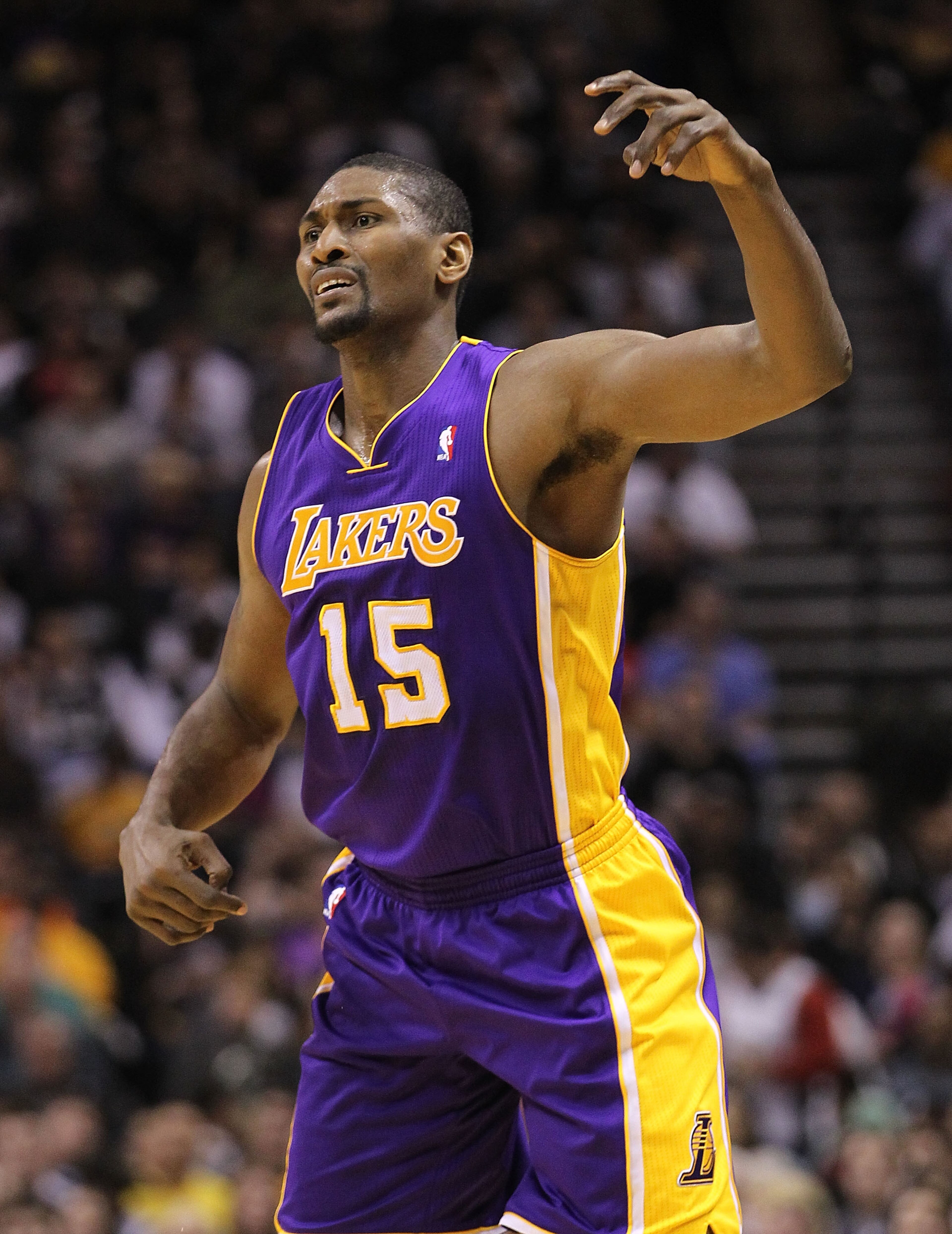 SAN ANTONIO, TX - DECEMBER 28: Forward Ron Artest #15 of the Los Angeles Lakers at AT&T Center on December 28, 2010 in San Antonio, Texas. NOTE TO USER: User expressly acknowledges and agrees that, by downloading and/or using this photograph, user is co SAN ANTONIO, TX - DECEMBER 28: Forward Ron Artest #15 of the Los Angeles Lakers at AT&T Center on December 28, 2010 in San Antonio, Texas. NOTE TO USER: User expressly acknowledges and agrees that, by downloading and/or using this photograph, user is co