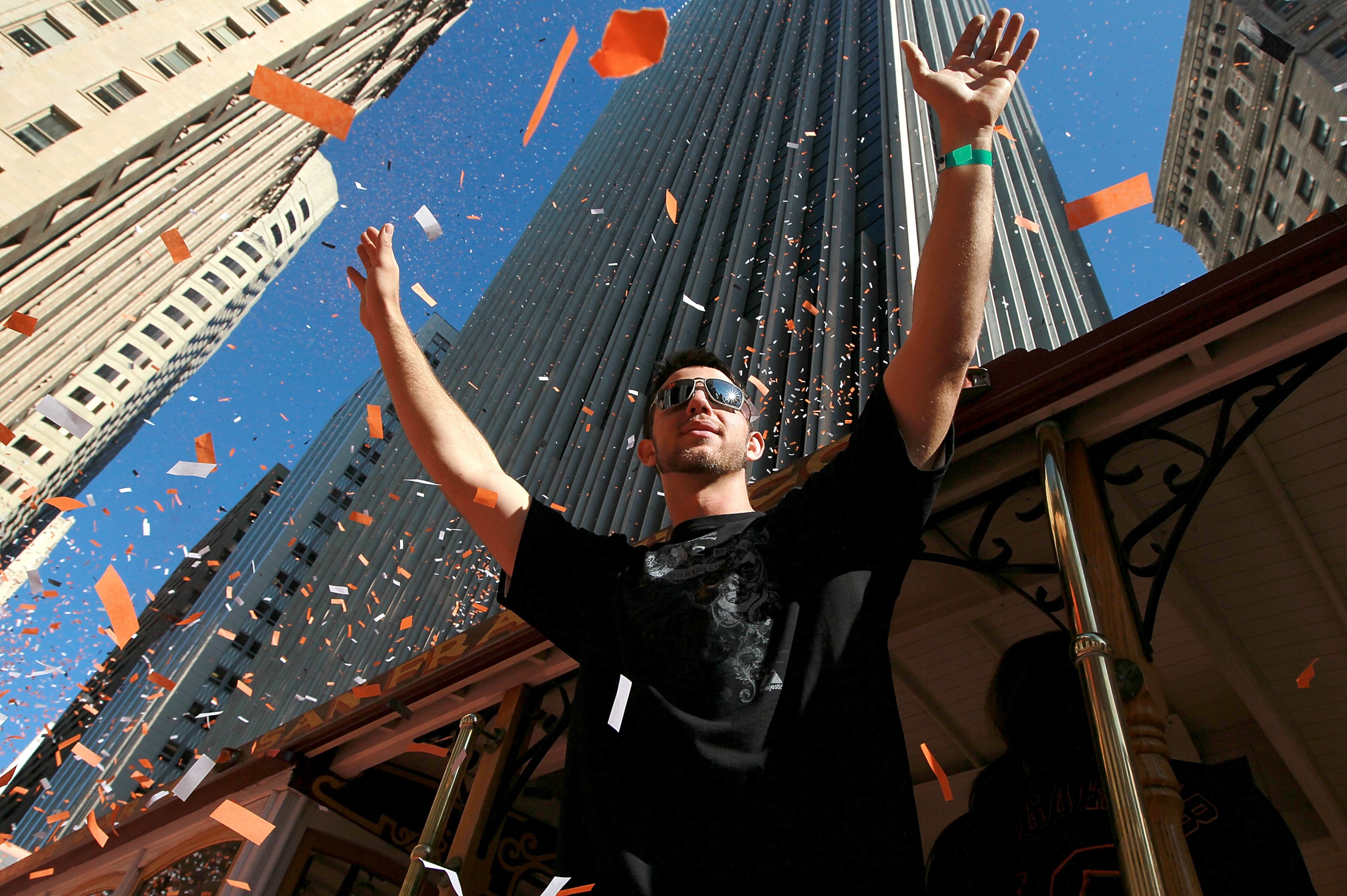 SAN FRANCISCO - NOVEMBER 03:  Madison Bumgarner of the San Francisco Giants celebrates during the Giants' vicotry parade on November 3, 2010 in San Francisco, California. Thousands of Giants fans lined the streets of San Francisco to watch the San Francis