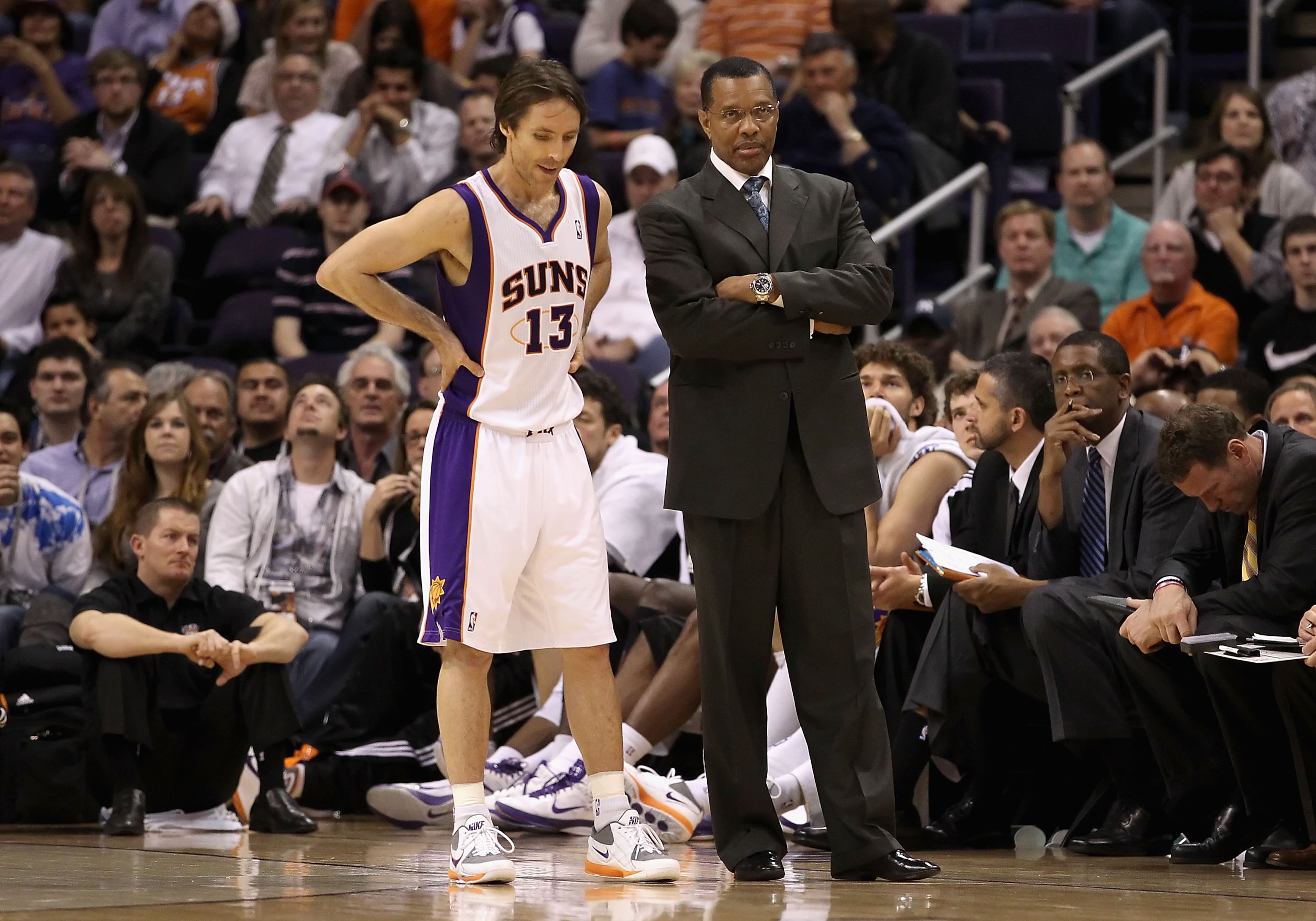 PHOENIX - DECEMBER 15: Steve Nash #13 and head coach Alvin Gentry of the Phoenix Suns during the NBA game against the Minnesota Timberwolves at US Airways Center on December 15, 2010 in Phoenix, Arizona. NOTE TO USER: User expressly acknowledges and agre PHOENIX - DECEMBER 15: Steve Nash #13 and head coach Alvin Gentry of the Phoenix Suns during the NBA game against the Minnesota Timberwolves at US Airways Center on December 15, 2010 in Phoenix, Arizona. NOTE TO USER: User expressly acknowledges and agre