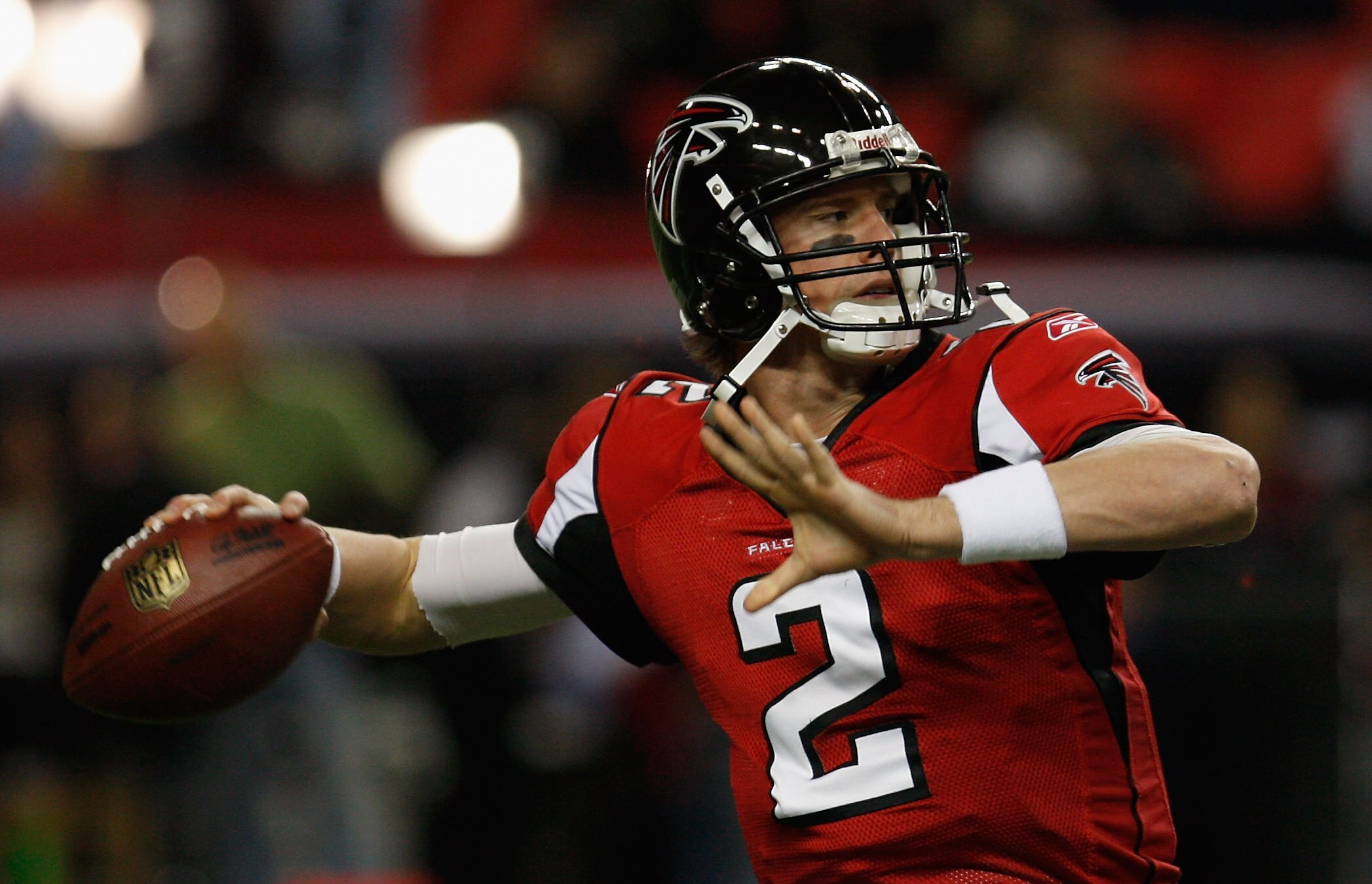 ATLANTA, GA - DECEMBER 27:  Quarterback Matt Ryan #2 of the Atlanta Falcons throws a pass during warm-ups prior to the start of the game against the New Orleans Saints at the Georgia Dome on December 27, 2010 in Atlanta, Georgia.  (Photo by Scott Halleran