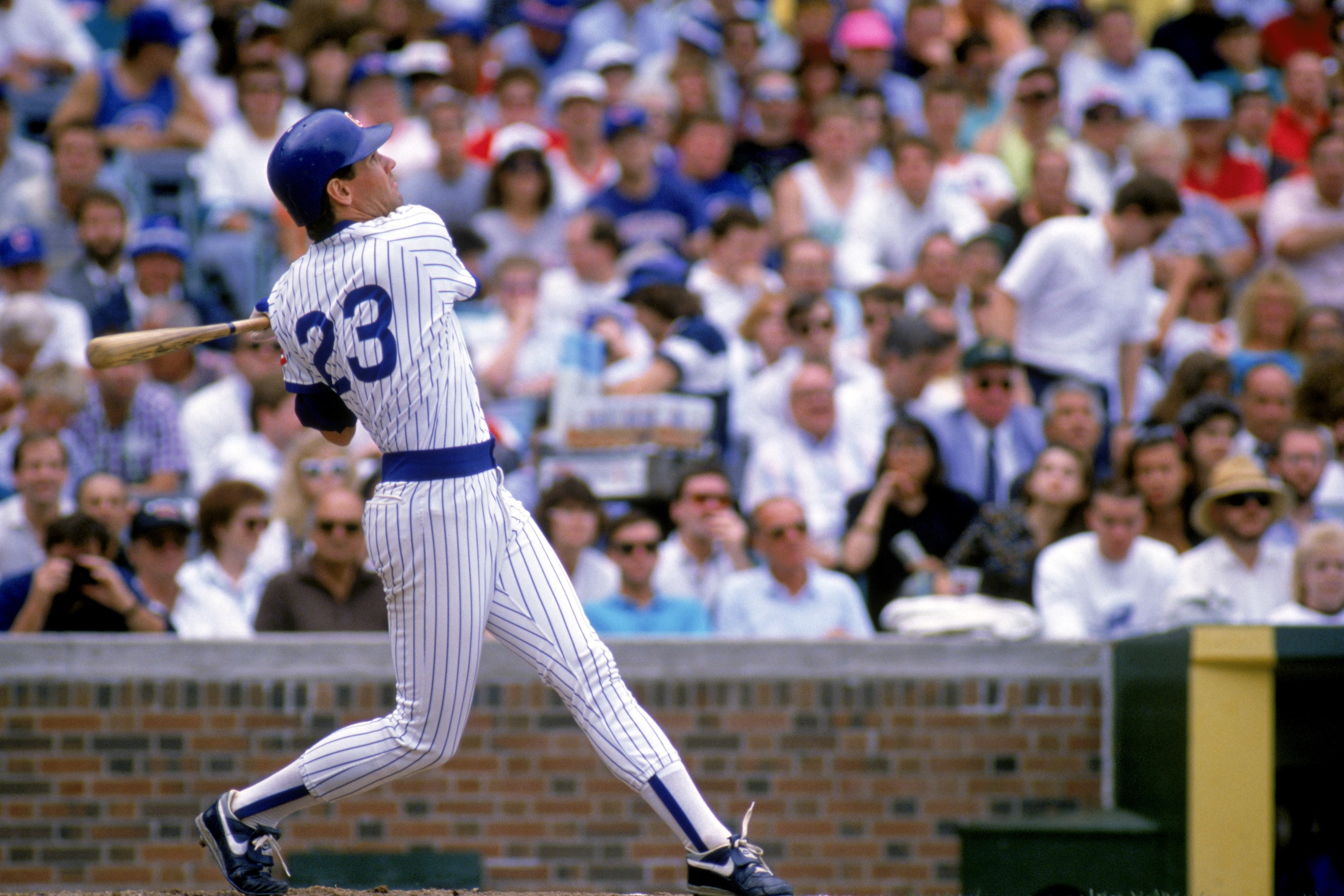 CHICAGO - 1989:  Ryne Sandberg #23 of the Chicago Cubs bats during a game in the 1989 season at Wrigley Field in Chicago, Illinois. (Photo by Jonathan Daniel/Getty Images)