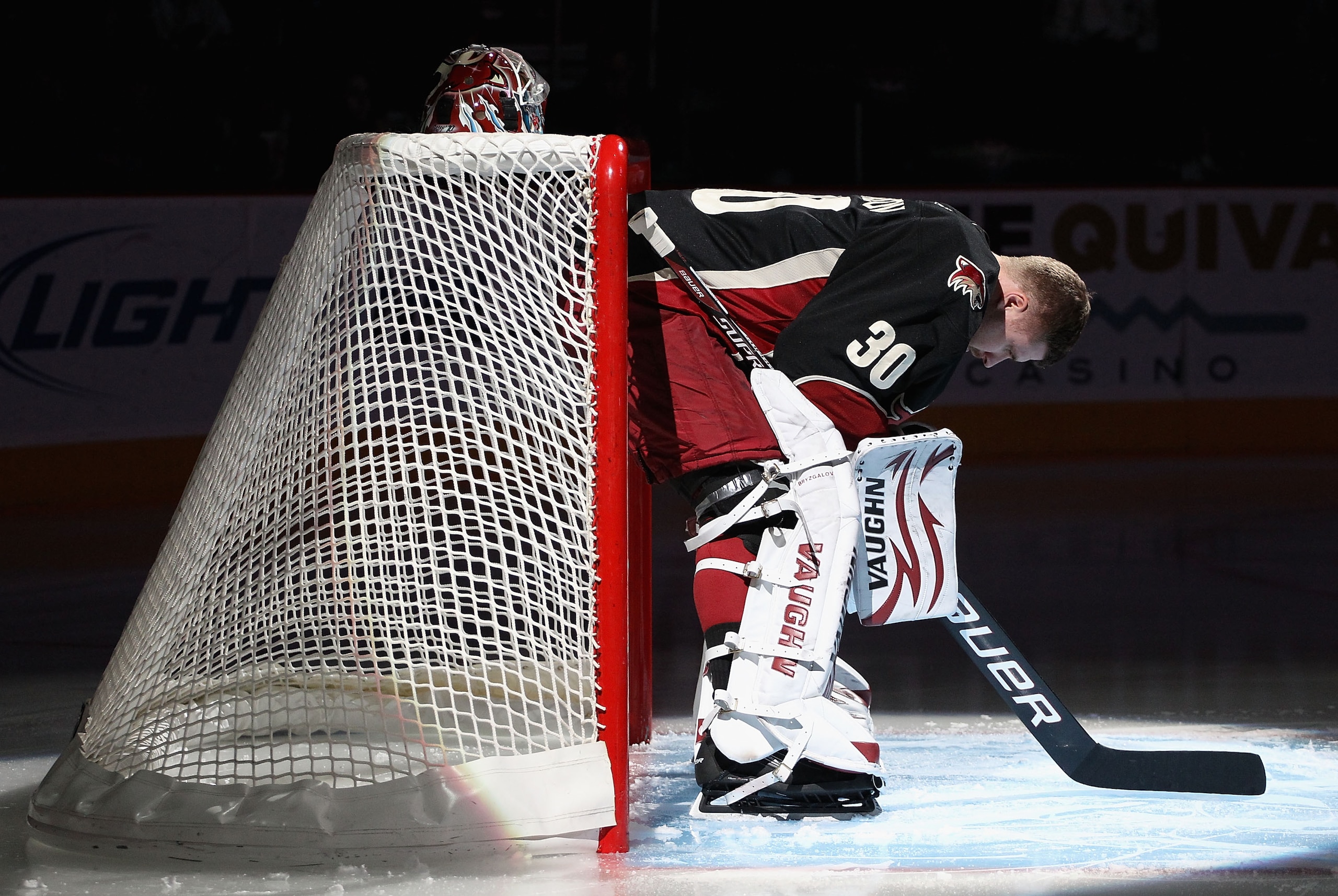 GLENDALE, AZ - JANUARY 04: Goaltender Ilya Bryzgalov #30 of the Phoenix Coyotes is introduced before the NHL game against the Columbus Blue Jackets at Jobing.com Arena on January 4, 2011 in Glendale, Arizona. The Coyotes defeated the Blue Jackets 4-2. GLENDALE, AZ - JANUARY 04: Goaltender Ilya Bryzgalov #30 of the Phoenix Coyotes is introduced before the NHL game against the Columbus Blue Jackets at Jobing.com Arena on January 4, 2011 in Glendale, Arizona. The Coyotes defeated the Blue Jackets 4-2.