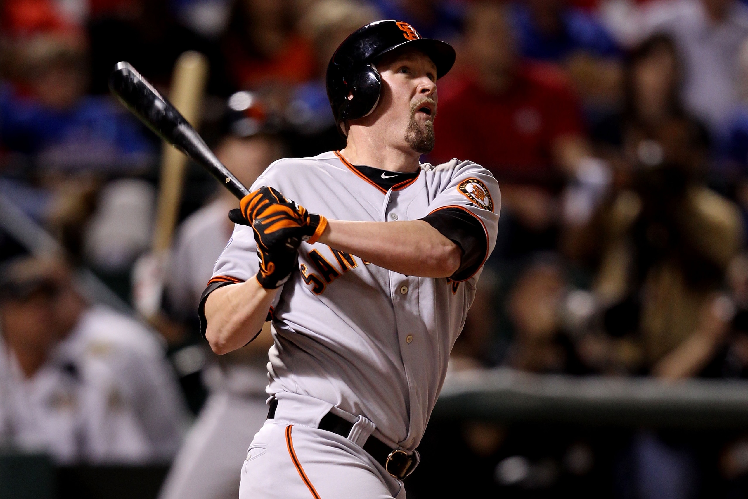 ARLINGTON, TX - OCTOBER 31:  Aubrey Huff #17 of the San Francisco Giants hits a 2-run home run in the top of the third inning against the Texas Rangers in Game Four of the 2010 MLB World Series at Rangers Ballpark in Arlington on October 31, 2010 in Arlin