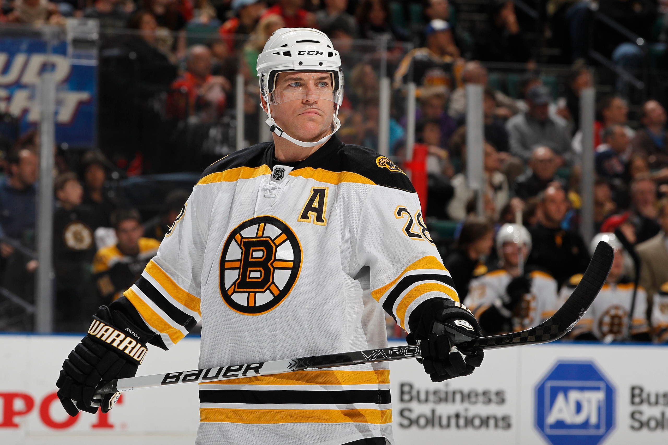 SUNRISE, FL - DECEMBER 27: Mark Recchi #28 of the Boston Bruins waits for a face off against the Florida Panthers on December 27, 2010 at the BankAtlantic Center in Sunrise, Florida. The Bruins defeated the Panthers 3-2 in a shoot-out. (Photo by Joel Auer