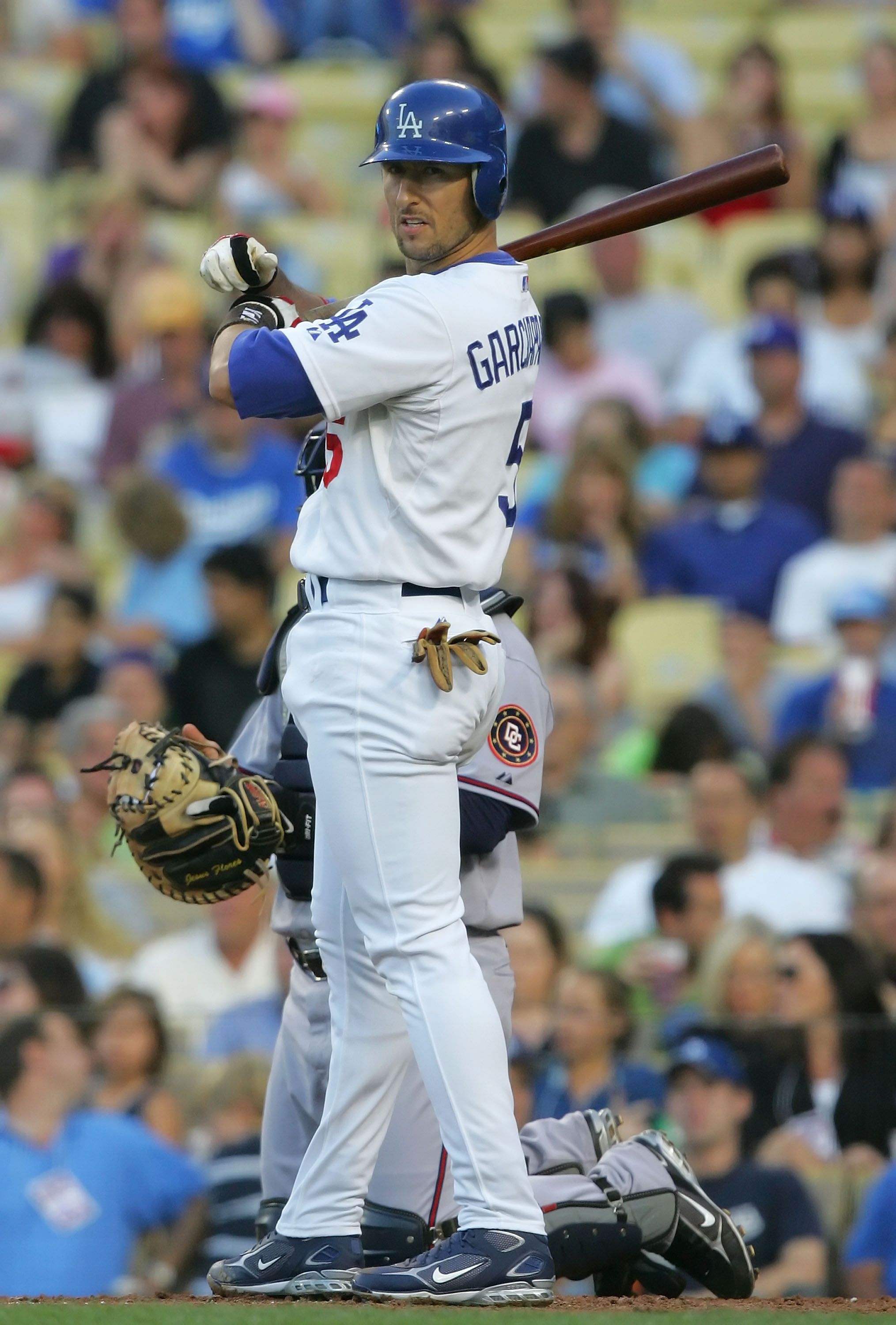 LOS ANGELES, CA - JULY 26:  Nomar Garciaparra #5 of the Los Angeles Dodgers prepares to bat against the Washington Nationals at Dodger Stadium on July 26, 2008 in Los Angeles, California.  (Photo by Lisa Blumenfeld/Getty Images)