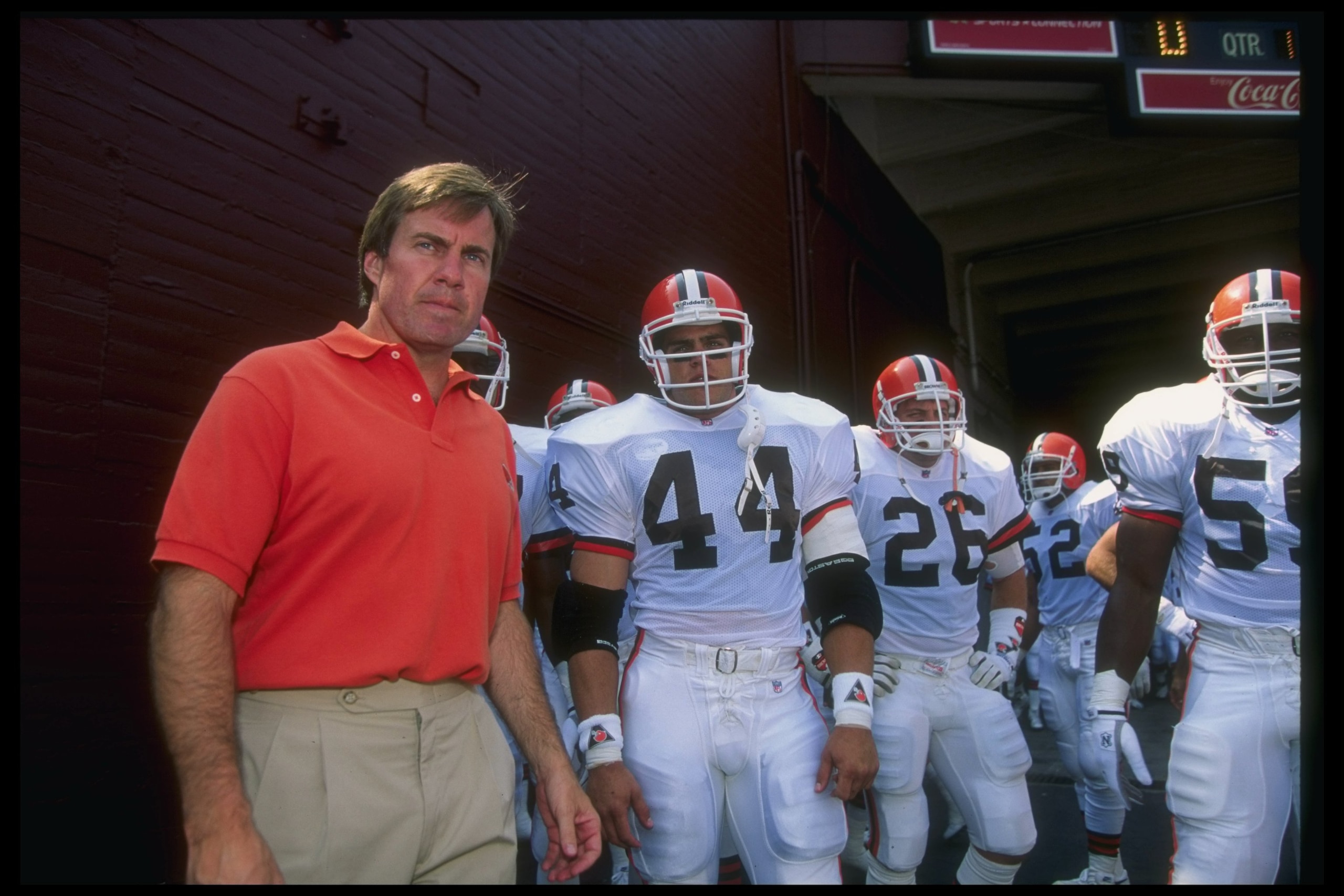 20 Sep 1992: Cleveland Browns head coach Bill Belichick looks on during a game against the Los Angeles Raiders at Cleveland Stadium in Cleveland, Ohio. The Browns won the game, 28-16.