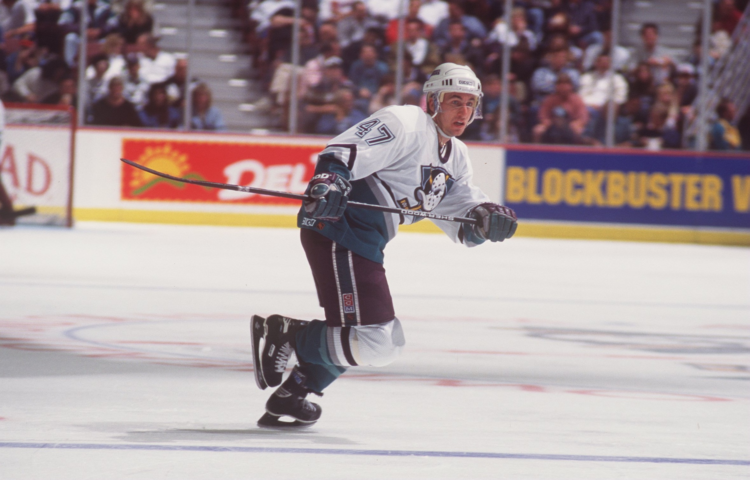 9 MAR 1995:  STEPHAN LEBEAU, CENTER FOR THE MIGHTY DUCKS OF ANAHEIM, IN ACTION DURING THEIR 4-4 TIE WITH THE DETROIT RED WINGS AT THE POND IN ANAHEIM, CALIFORNIA. Mandatory Credit: Glenn Cratty/ALLSPORT