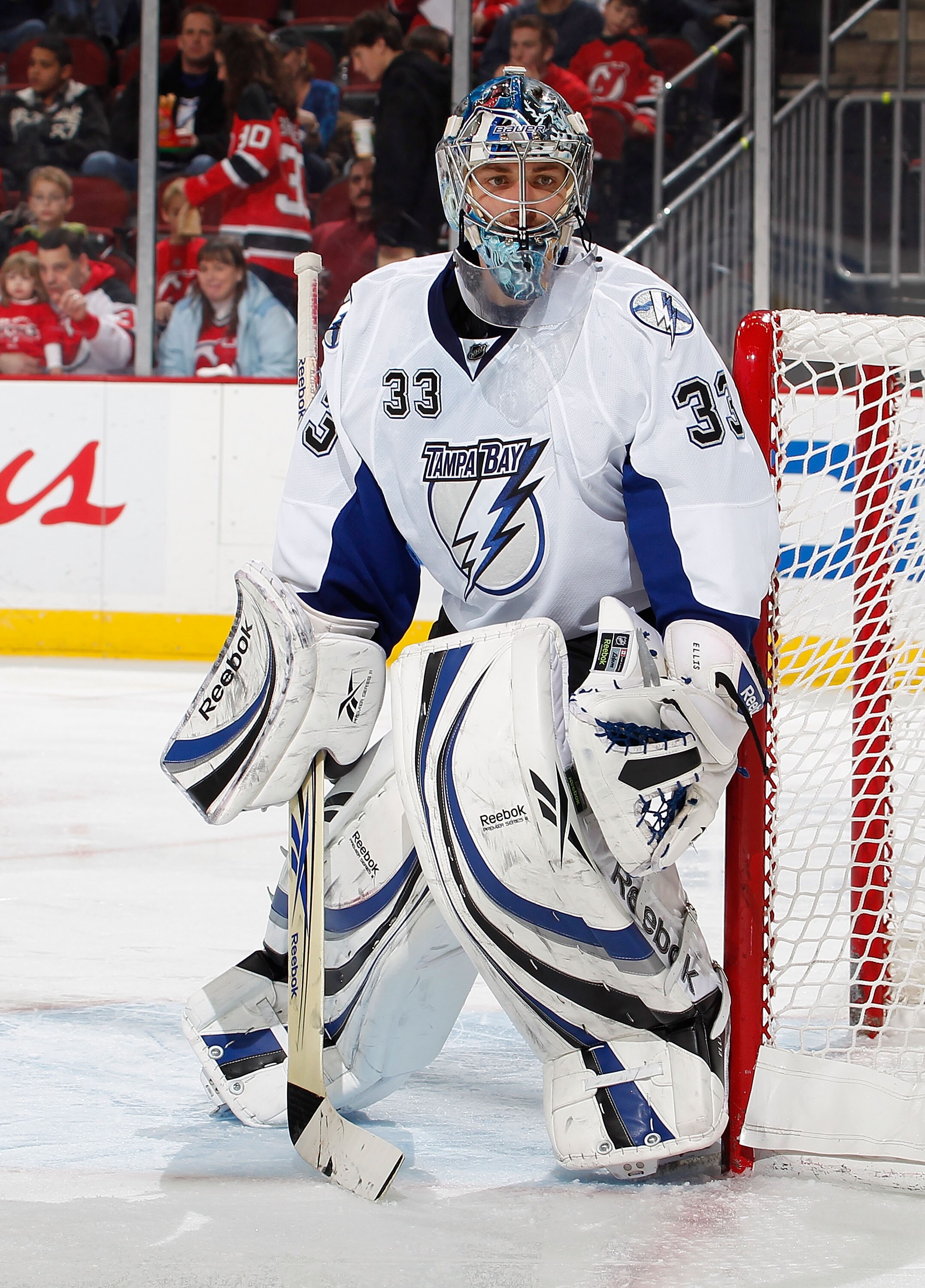 NEWARK, NJ - JANUARY 09:  Goalie Dan Ellis #33 of the Tampa Bay Lightning watches the play during an NHL hockey game against the New Jersey Devils at the Prudential Center on January 9, 2011 in Newark, New Jersey.  (Photo by Paul Bereswill/Getty Images)