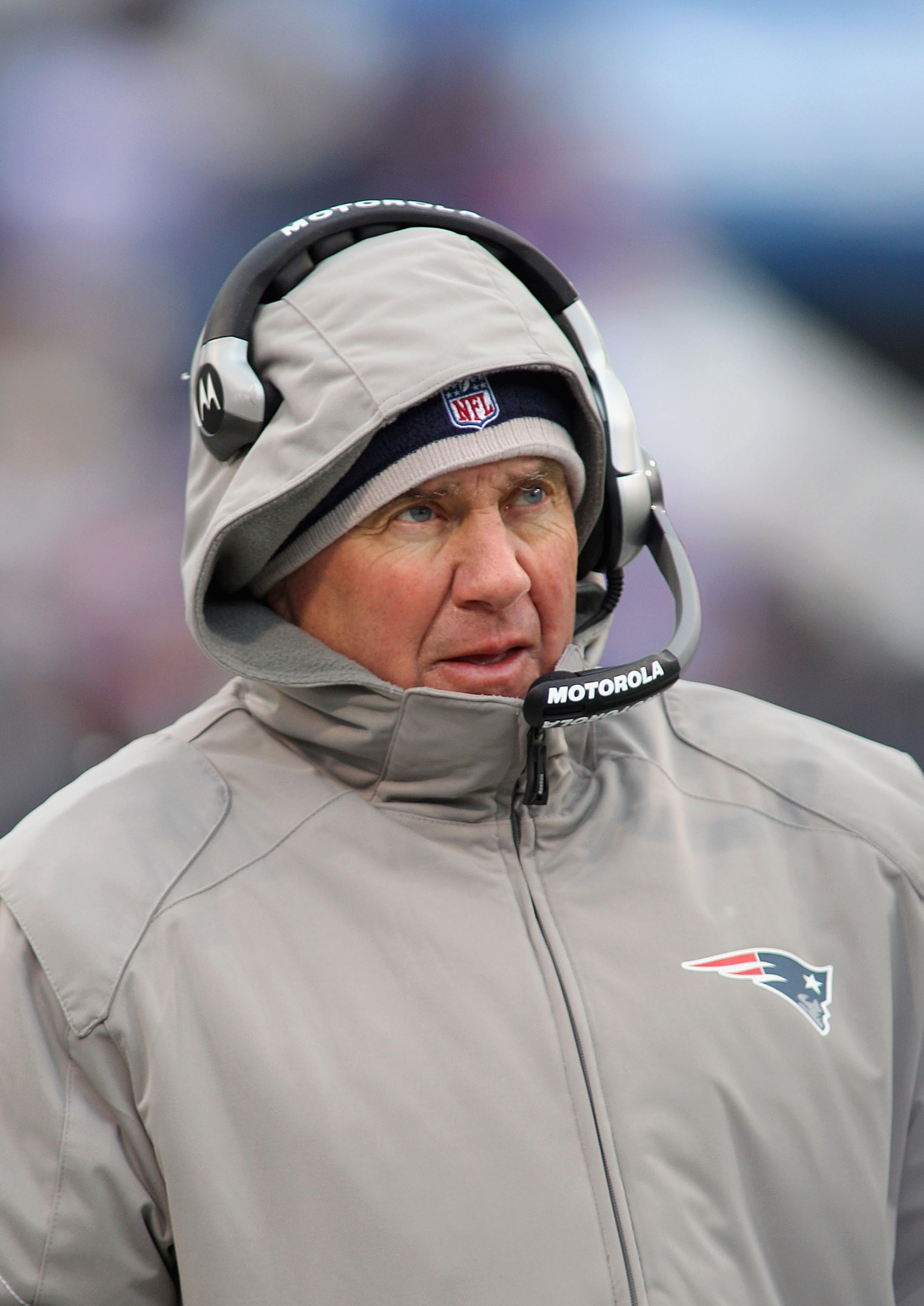 ORCHARD PARK, NY - DECEMBER 26:  Head coach Bill Belichick of the New England Patriots looks on in a match against the Buffalo Bills  at Ralph Wilson Stadium on December 26, 2010 in Orchard Park, New York. New England won 34-3.  (Photo by Rick Stewart/Get
