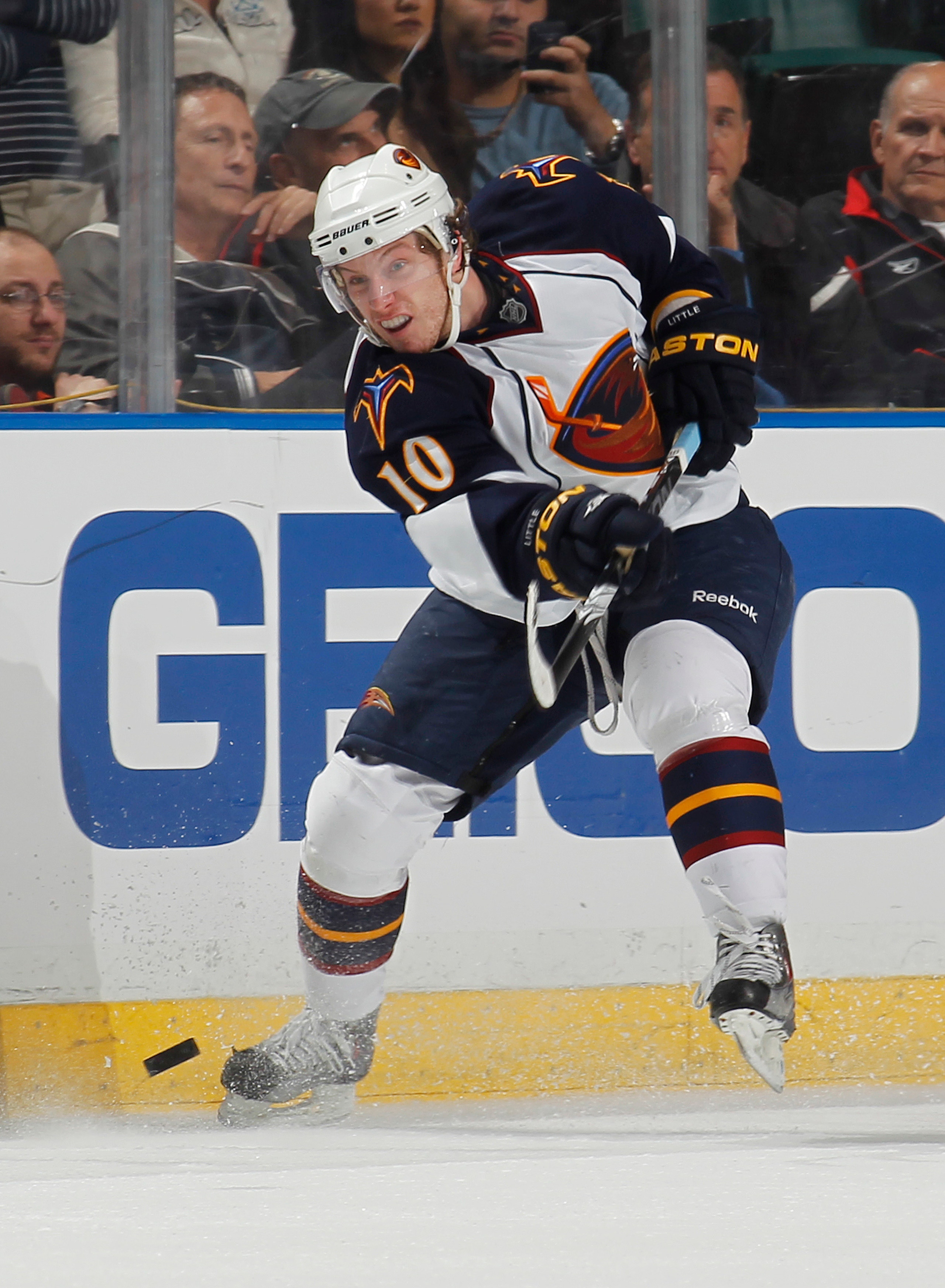 SUNRISE, FL - JANUARY 5: Bryan Little #10 of the Atlanta Thrashers shoots the puck at the Florida Panthers on January 5, 2011 at the BankAtlantic Center in Sunrise, Florida. The Thrashers defeated the Panthers 3-2. (Photo by Joel Auerbach/Getty Images)