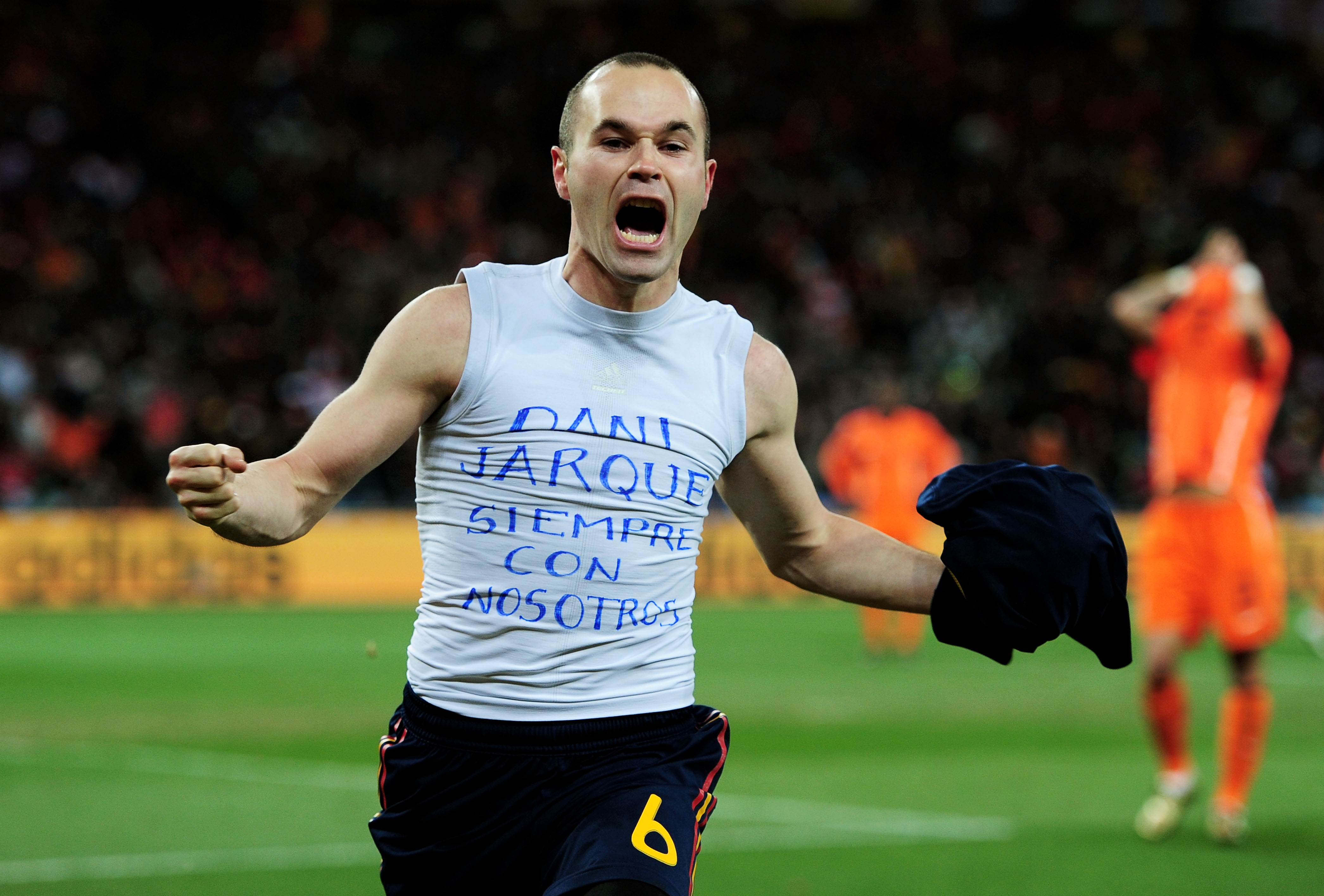 JOHANNESBURG, SOUTH AFRICA - JULY 11:  Andres Iniesta of Spain celebrates scoring his side's first goal during the 2010 FIFA World Cup South Africa Final match between Netherlands and Spain at Soccer City Stadium on July 11, 2010 in Johannesburg, South Af