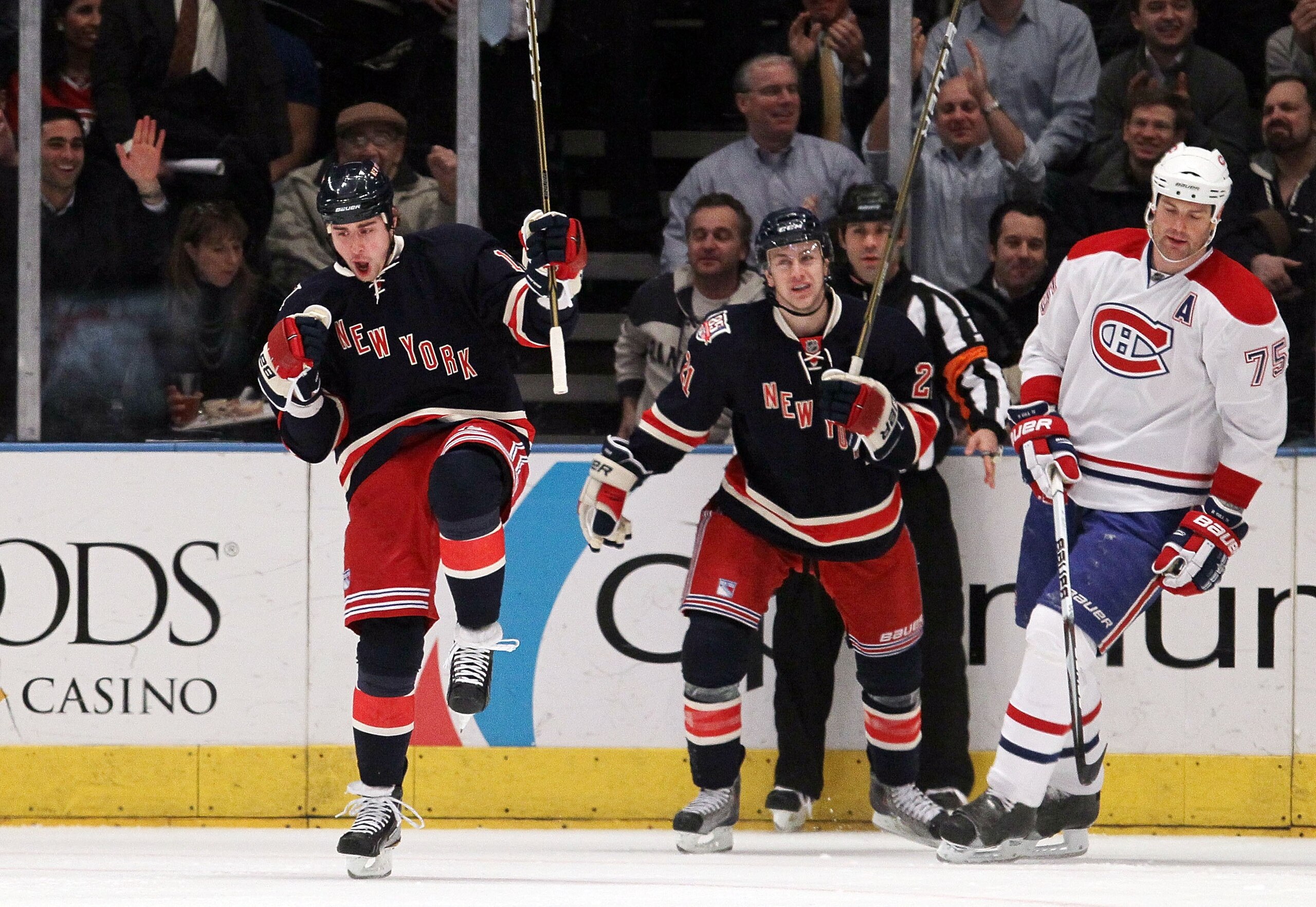 NEW YORK, NY - JANUARY 11:  Brandon Dubinsky #17 of the New York Rangers celebrates his first period goal against the Montreal Canadiens on January 11, 2011 at Madison Square Garden in New York City.  (Photo by Jim McIsaac/Getty Images)