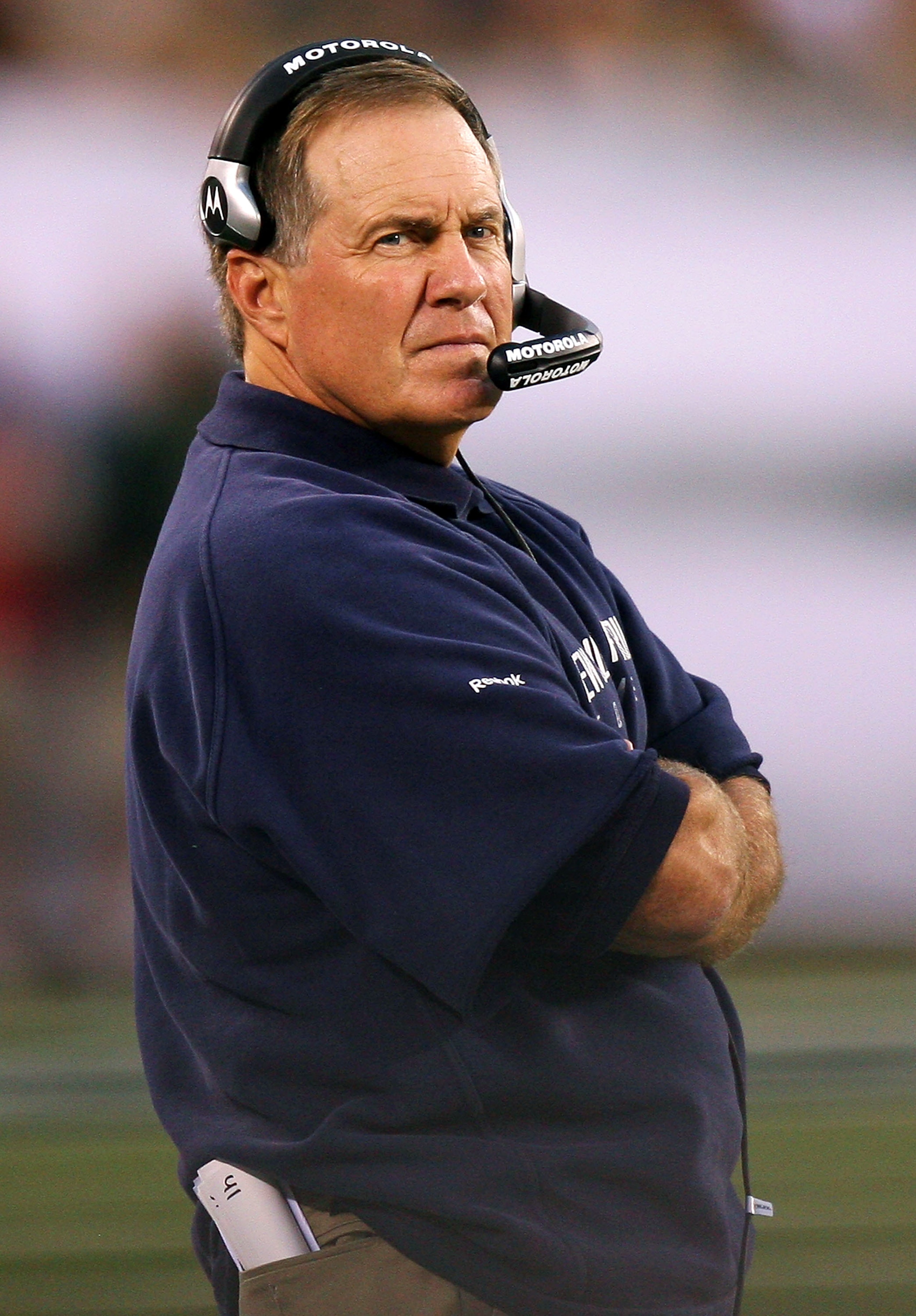 EAST RUTHERFORD, NJ - SEPTEMBER 19:  Coach Bill Belichick of the New England Patriots is seen during a game against the New York Jets at the New Meadowlands Stadium on September 19, 2010 in East Rutherford, New Jersey. The Jets defeated the Patriots 28 -