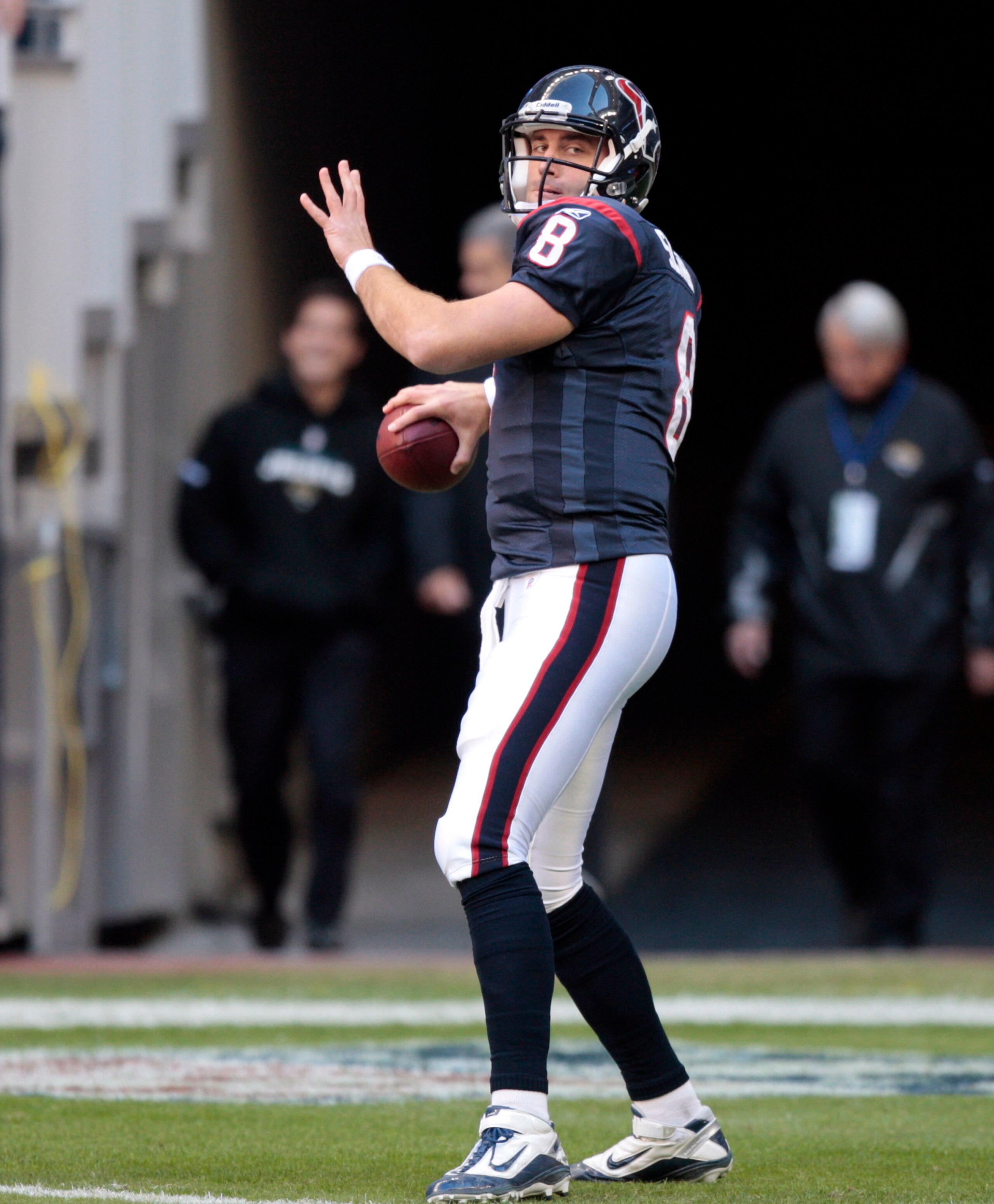HOUSTON, TX - JANUARY 02:  Quarterback Matt Schaub #8 of the Houston Texans during warm ups before playing Jacksonville Jaguars at Reliant Stadium on January 2, 2011 in Houston, Texas.  (Photo by Bob Levey/Getty Images)