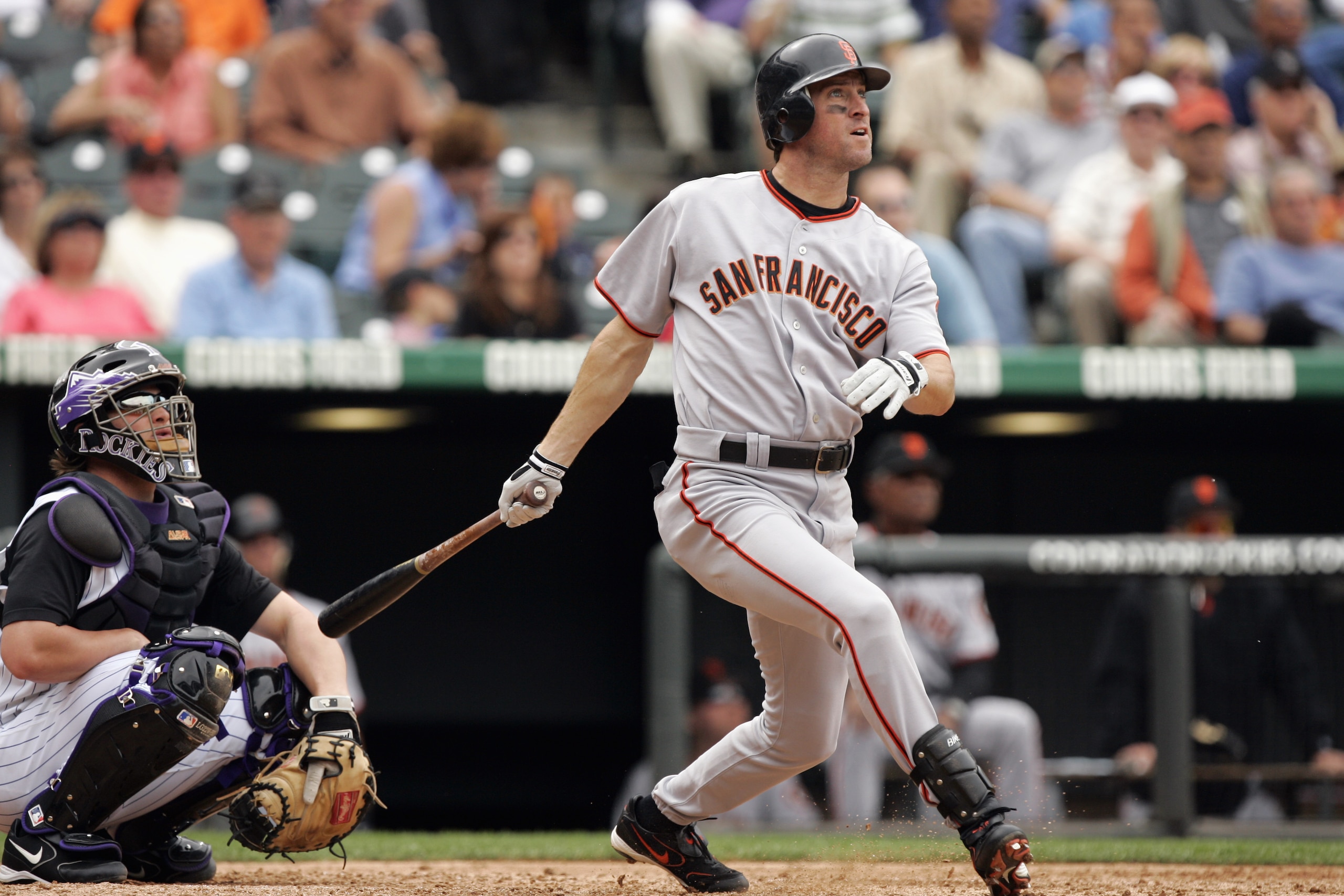 DENVER - SEPTEMBER 20:  Steve Finley #12 of the San Francisco Giants watches the flight of the ball as he follows through on his swing during a game against the Colorado Rockies at Coors Field on September 20, 2006 in Denver, Colorado.  The Giants won 7-4