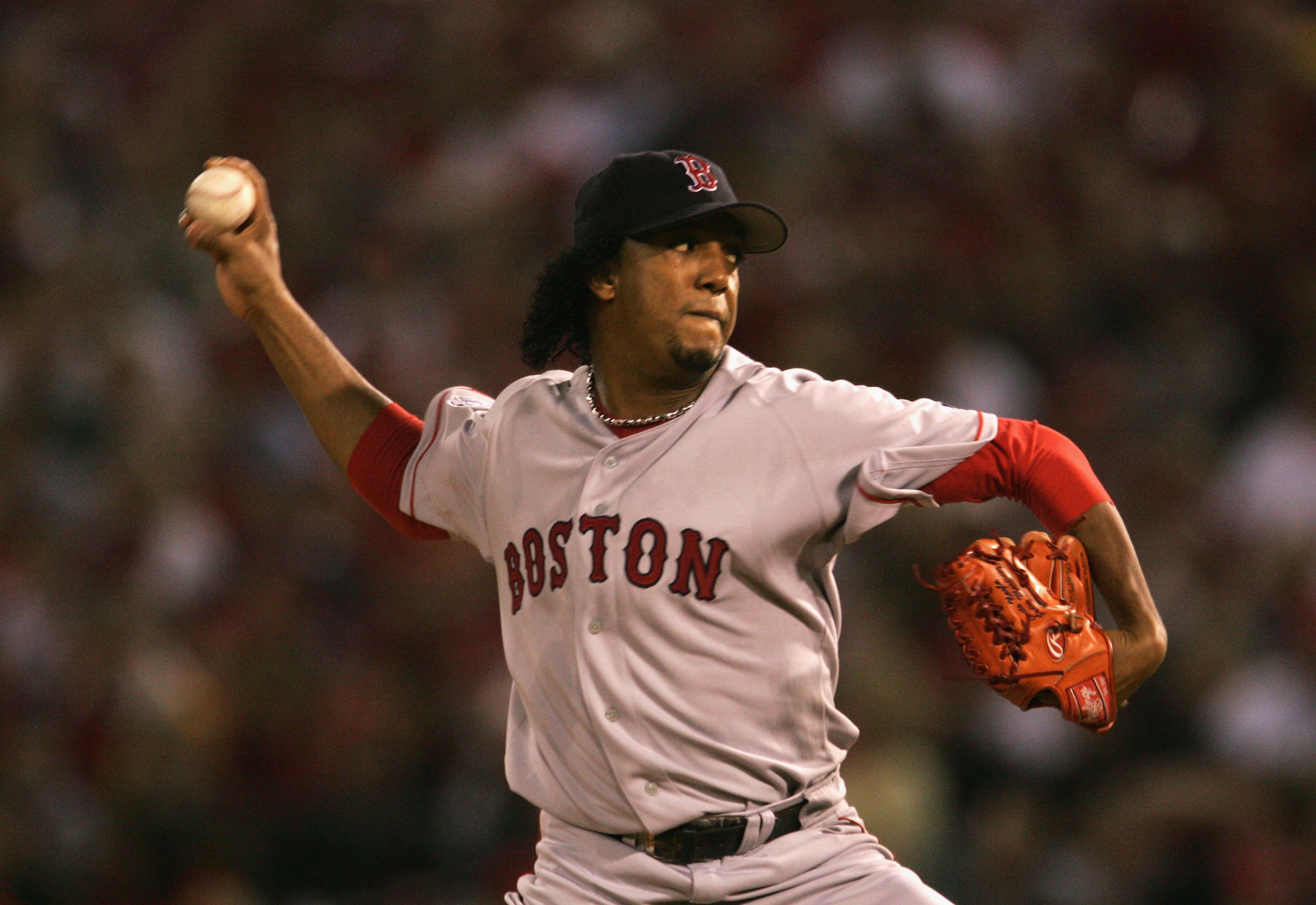 ST LOUIS - OCTOBER 26:  Starting pitcher Pedro Martinez #45 of the Boston Red Sox throws a pitch against the St. Louis Cardinals during the first inning of game three of the World Series on October 26, 2004 at Busch Stadium in St. Louis, Missouri. (Photo