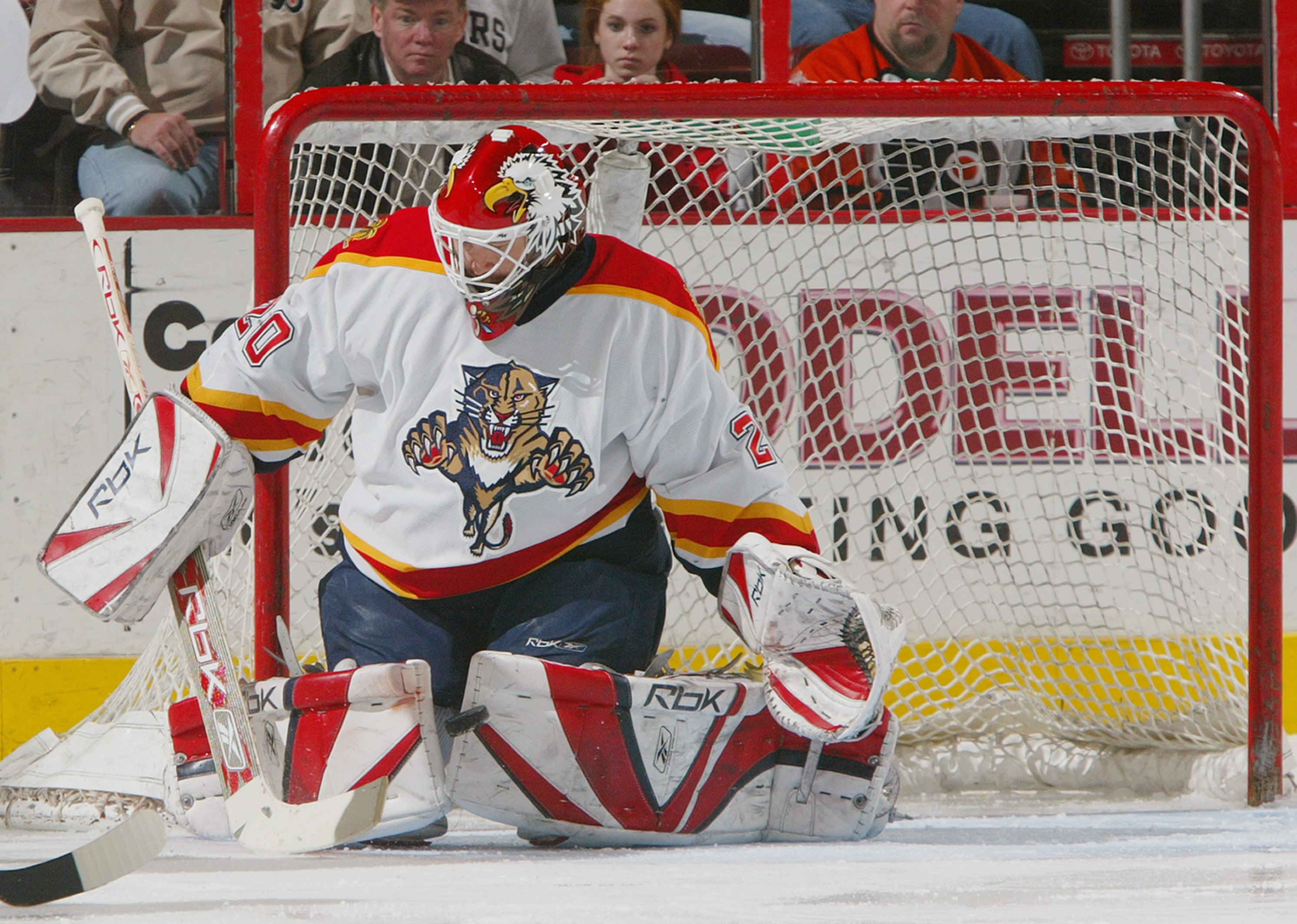 PHILADELPHIA - MARCH 20: Goaltender Ed Belfour #20 of the Florida Panthers makes a pad save against the Philadelphia Flyers during their NHL game on March 20, 2007 at the Wachovia Center in Philadelphia, Pennsylvania. The Panthers defeated the Flyers 4-