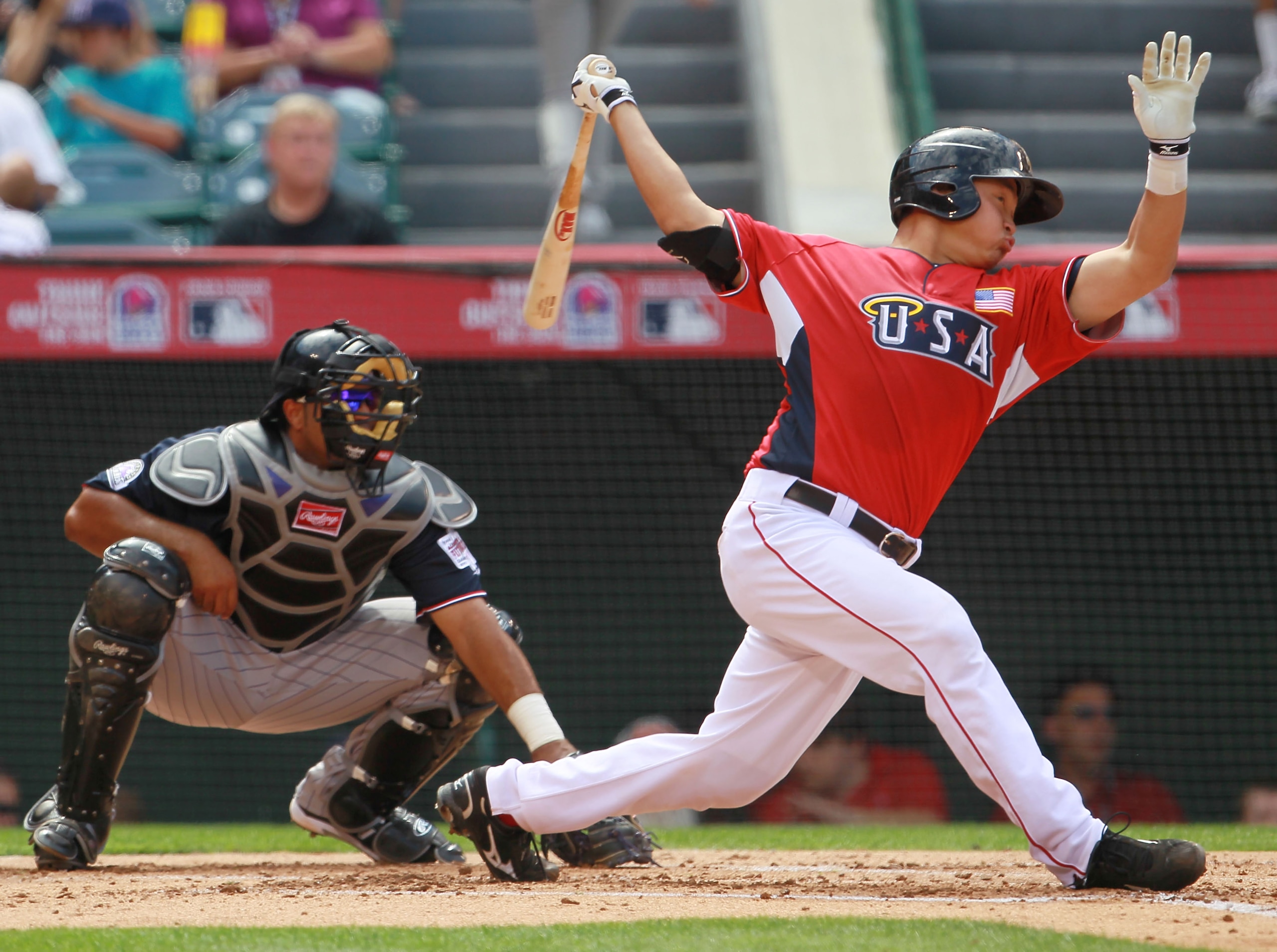 ANAHEIM, CA - JULY 11:  U.S. Futures All-Star Hank Conger #24 of the Los Angeles Angels of Anaheim at bat during the 2010 XM All-Star Futures Game at Angel Stadium of Anaheim on July 11, 2010 in Anaheim, California.  (Photo by Jeff Gross/Getty Images)